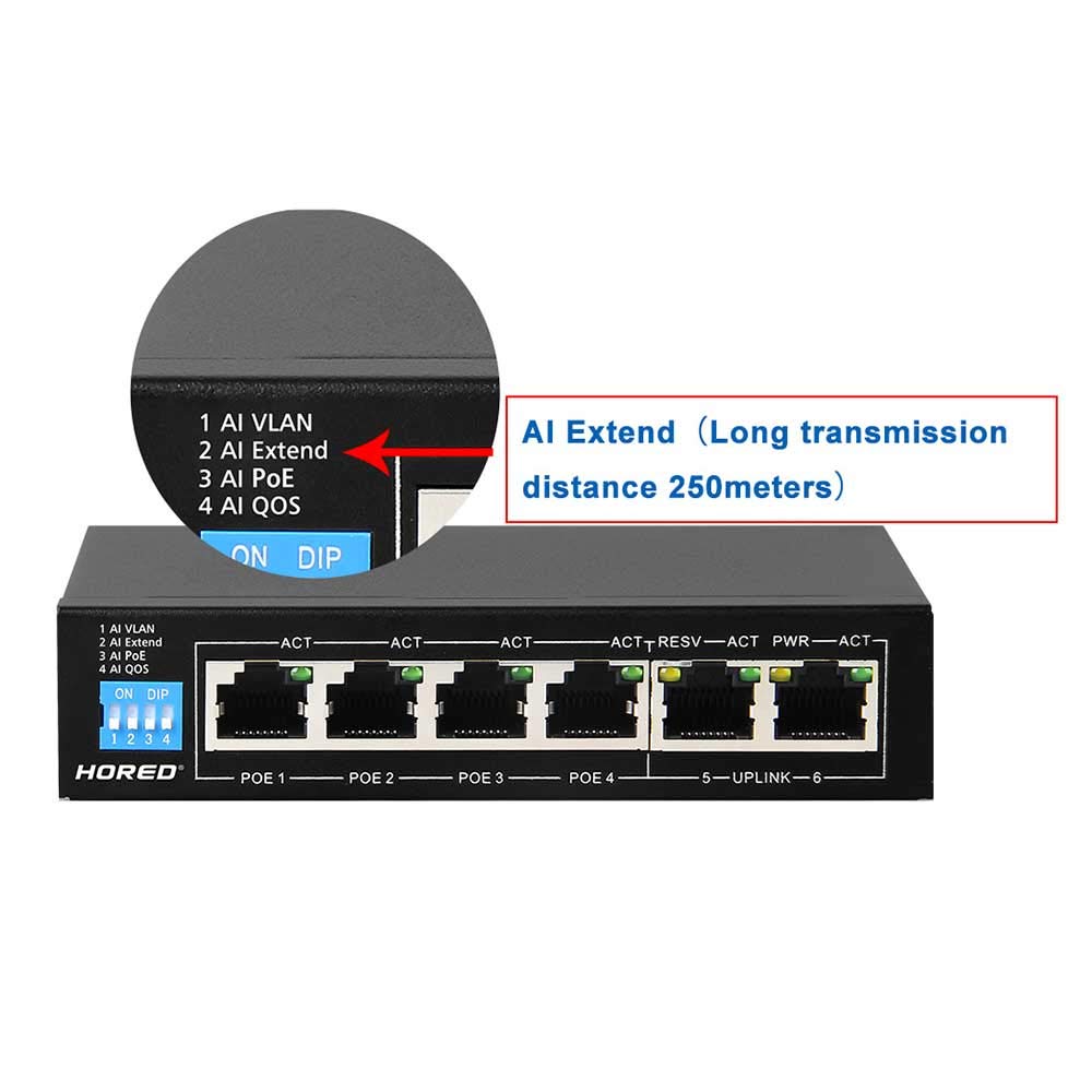 Hored AI106 - Smart Switch Poe a 6 Porte, 4 Porte Poe, 802.3af, 802.3at, 48 V, 60 W, Trasmissione Fino a 250 Metri, funzioni Smart
