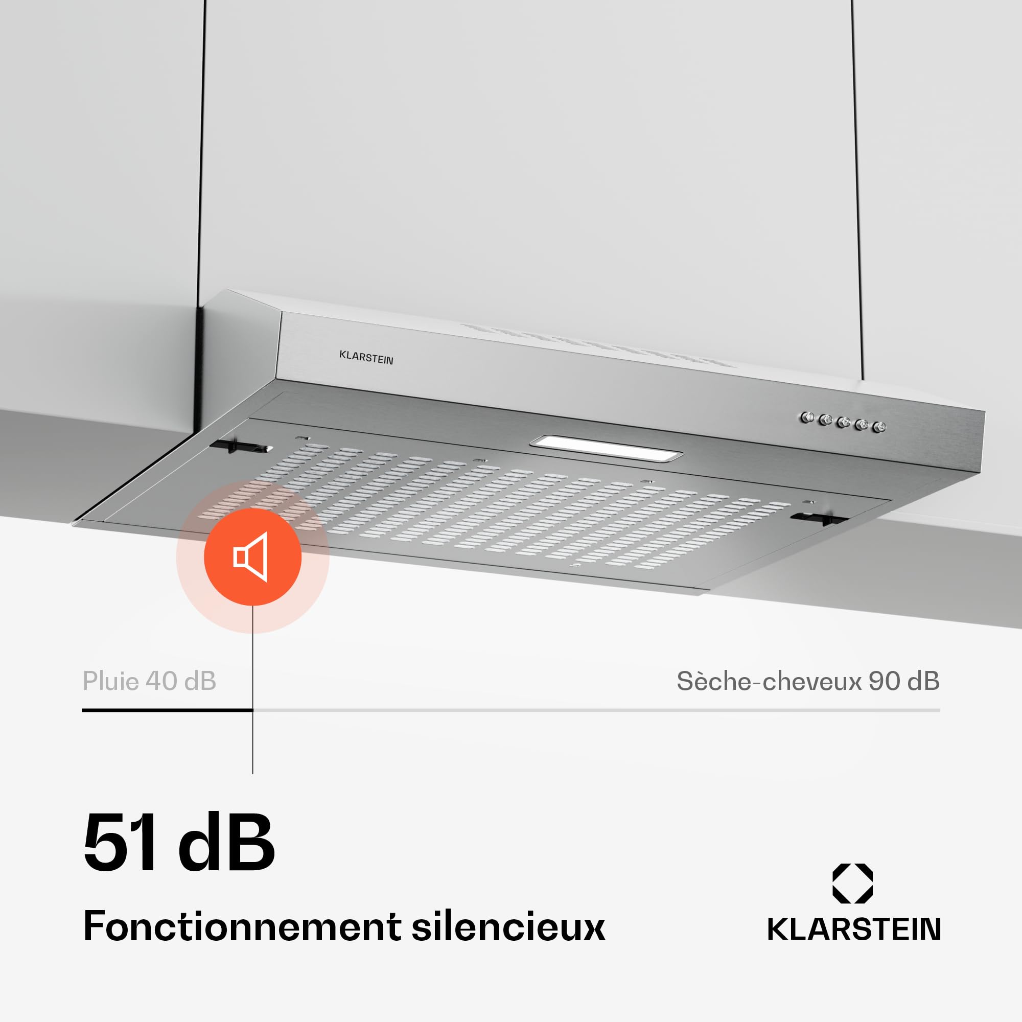 Klarstein SlimVent Hotte Aspirante, 60 cm Hotte de Cuisine Gain de Place, 178 m³/h, Énergie A+, Silencieuse 52 dB, LED, Filtre à Charbon, à Tiroir, Argent