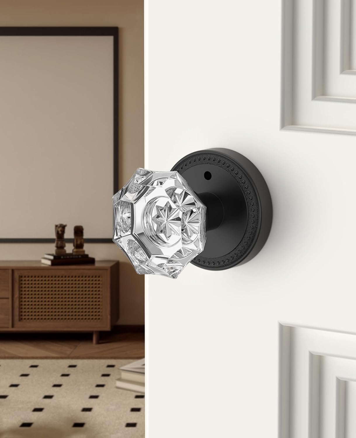 Asidrama 6 Pack Black Privacy Crystal Door Knobs with Lock, Glass Door Handles with Matte Black Glass Door knobs Interior for Bedroom or Bathroom, Heavy Duty Door Lever for Left Right Sided Doors