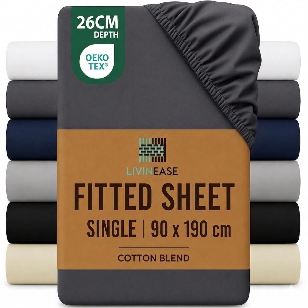 LivinEase Single Fitted Sheet -10inch(26cm) Deep Cotton Blend Fitted Sheet Single -Bobble Free, Easy Care, Soft & Comfortable Grey Single Bed Sheets (Grey, Single)