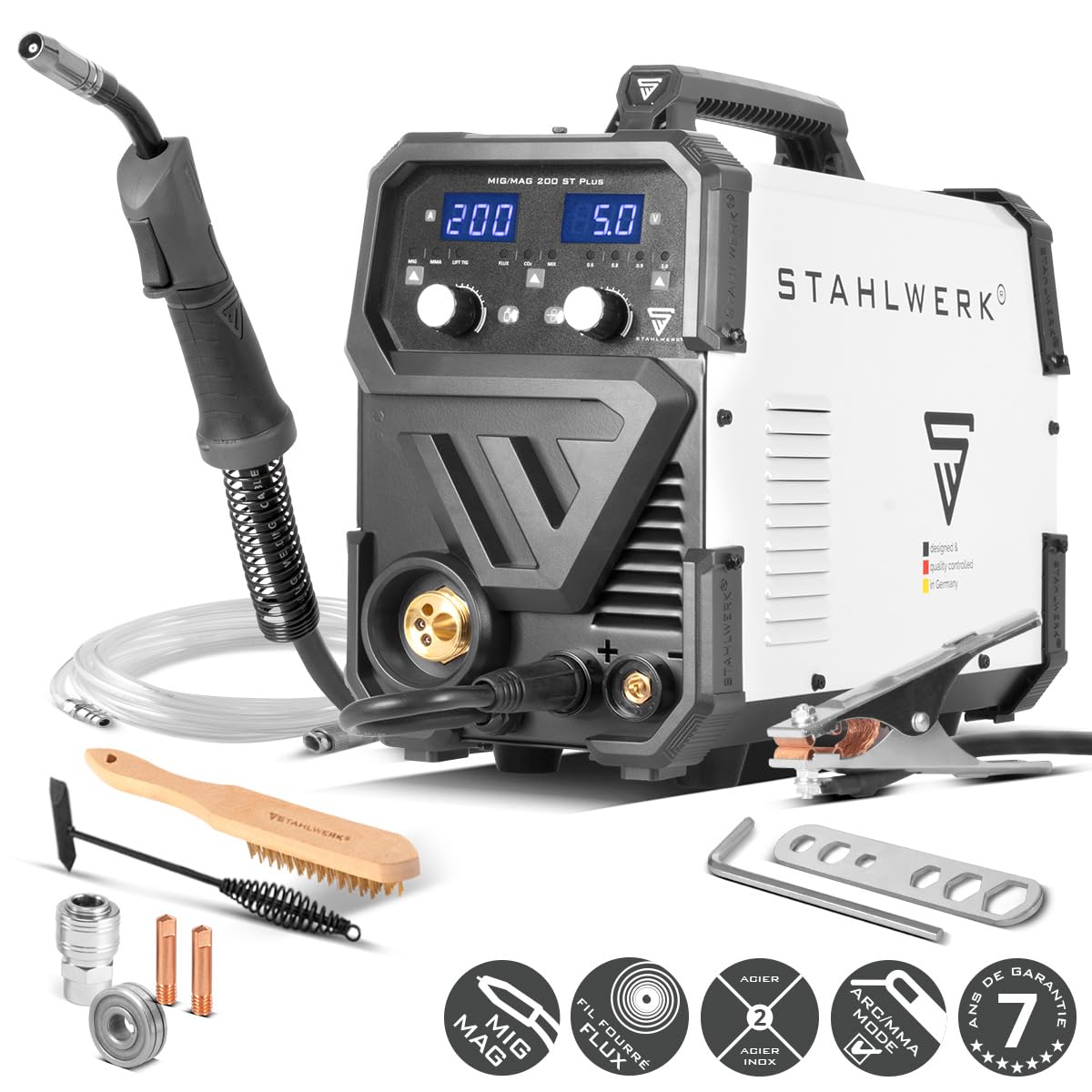 STAHLWERK Poste à souder MIG/MAG 200 ST – Inverter IGBT 200 A, poste sous gaz avec dévidage synergique, compatible FLUX (fil fourré), fonctionnel Lift-TIG & MMA (ARC)