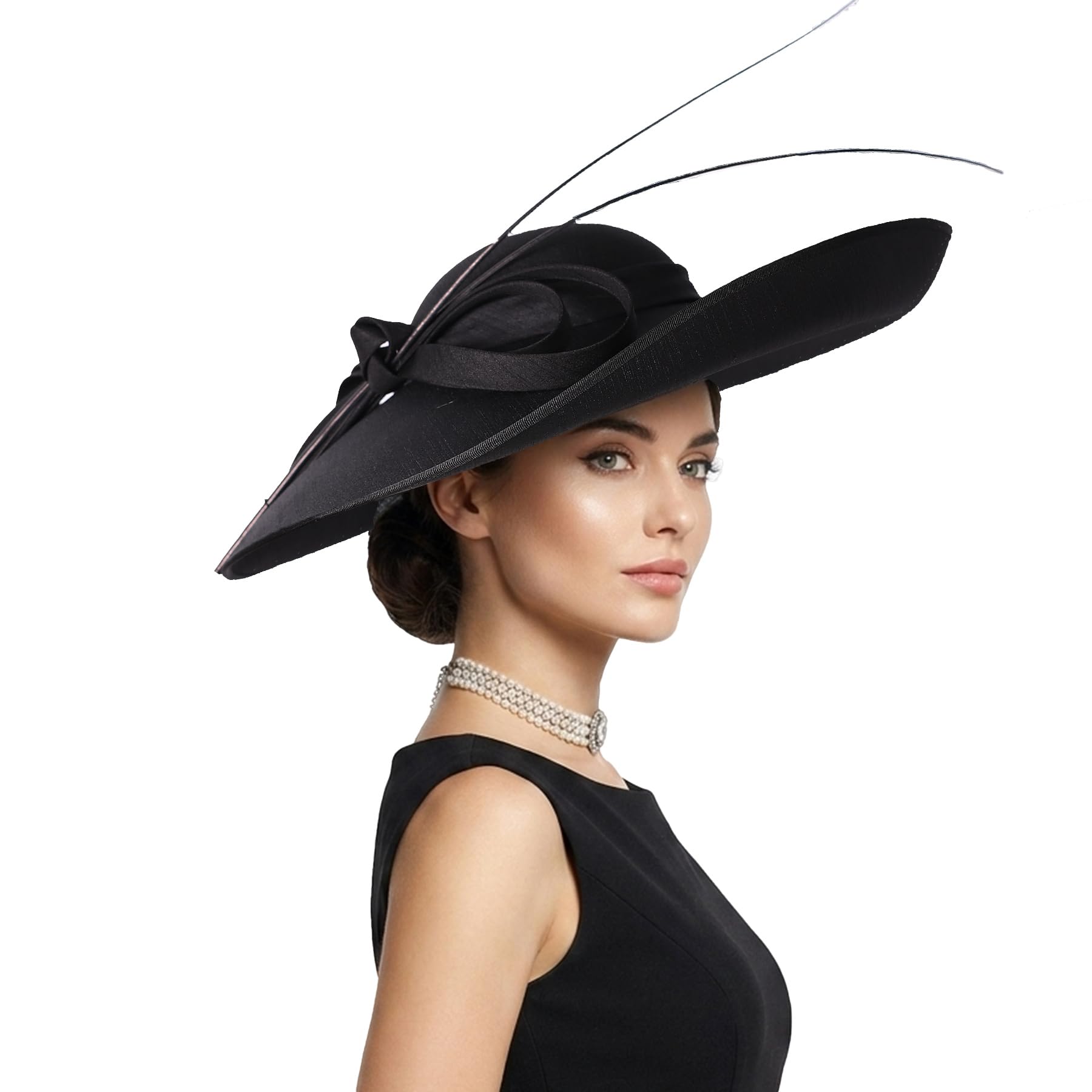 F Fadves Women's Black Royal Sinamay Weddings Hats Fascinators Big Brim Kentucky Church Fedoras Hat, L