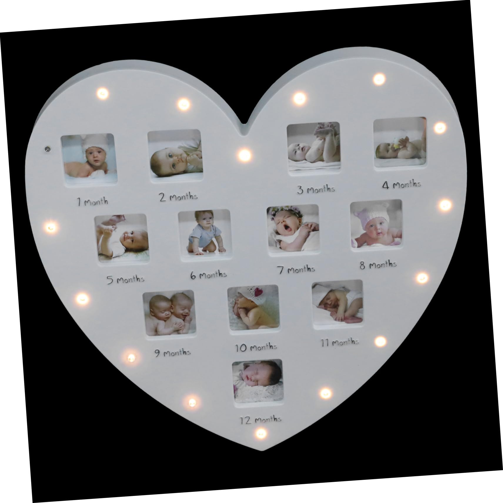 Marco de Fotos para Bebés en Acrílico Blanco con Forma de Corazón para Registrar el Crecimiento, con Luz y Capacidad para 12 Fotos, Adecuado para Decoración del Hogar