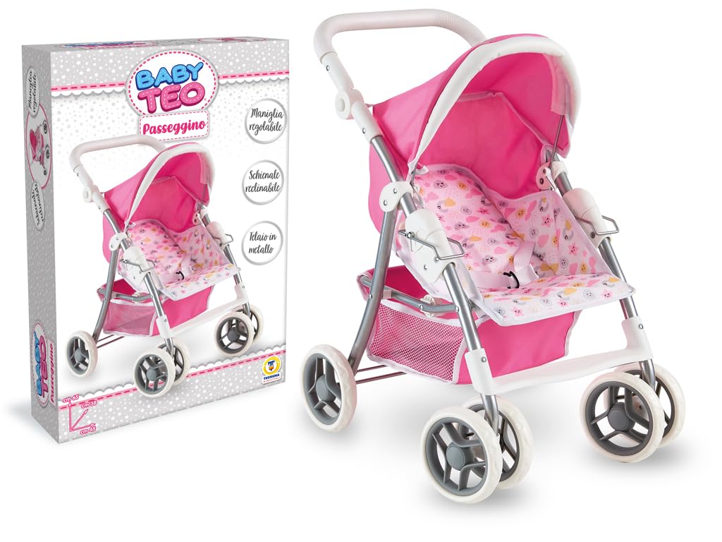 Teorema Giocattoli Leichter und Faltbarer Puppenwagen, Puppenwagen mit verstellbarem Verdeck, Aufbewahrungskorb, Metallrahmen, Kinderwagen Spielzeug für Mädchen, wendbar, Rosa