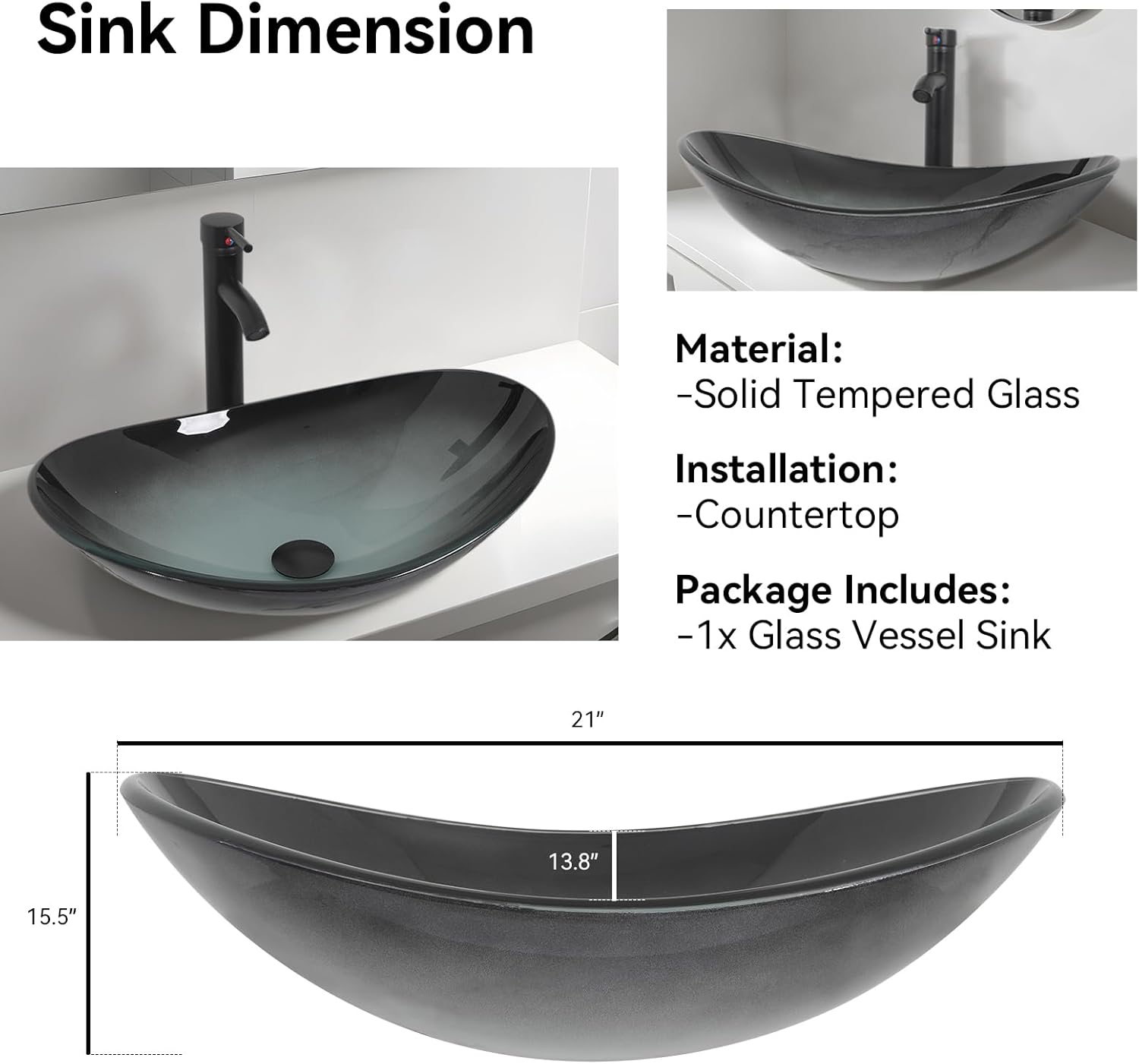 YOURLITE Boat Shape Glass Vessel Sink With Faucet and Pop-Up Drain Bowl for Bathroom, Black White