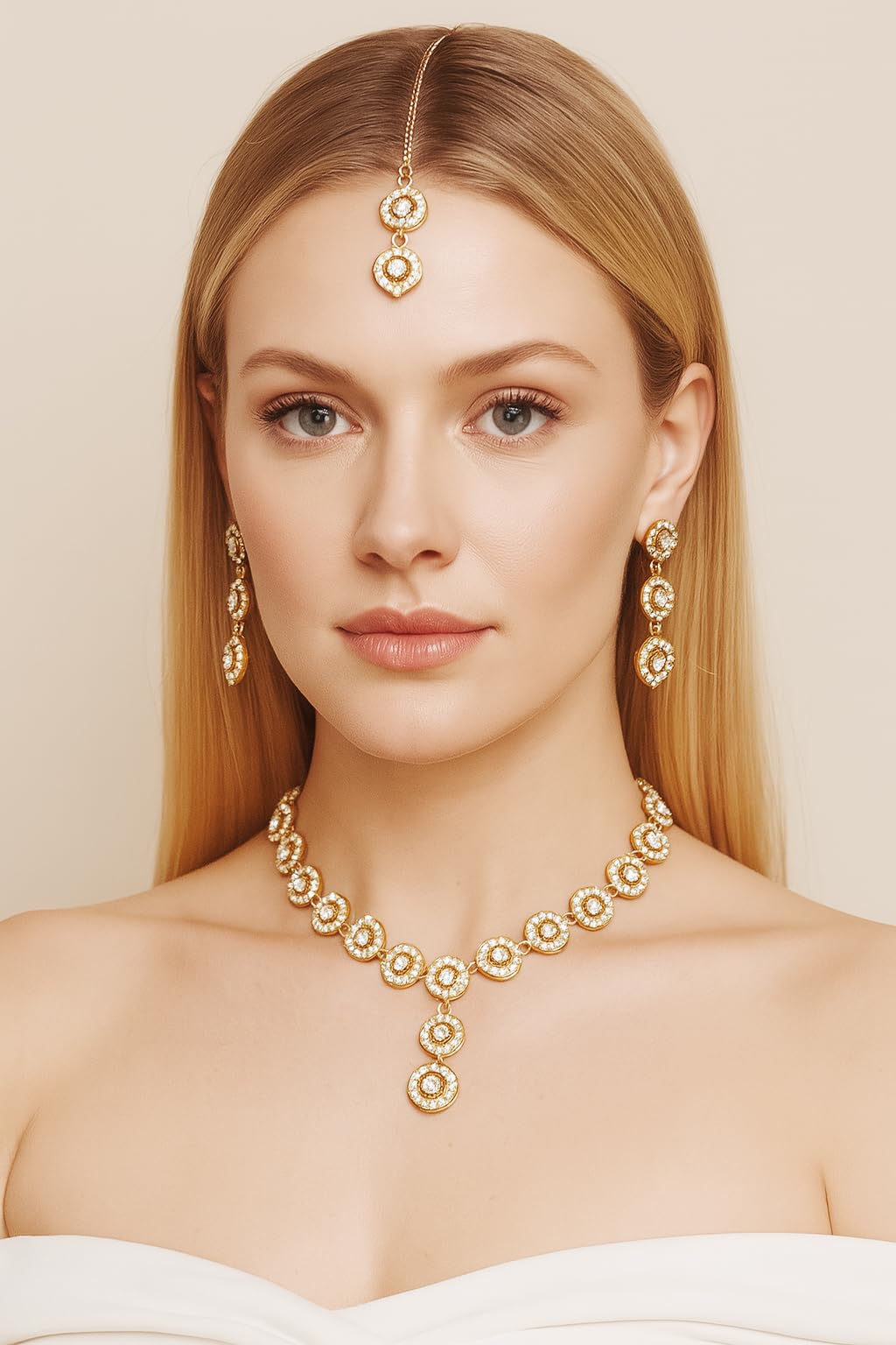 Sunsoul Von Touchstone Indisches Bollywood-Halsketten-Set mit funkelnden Strasssteinen, eleganter Designer-Schmuck, Brautschmuck-Set in Gold- oder Weißton für Damen.