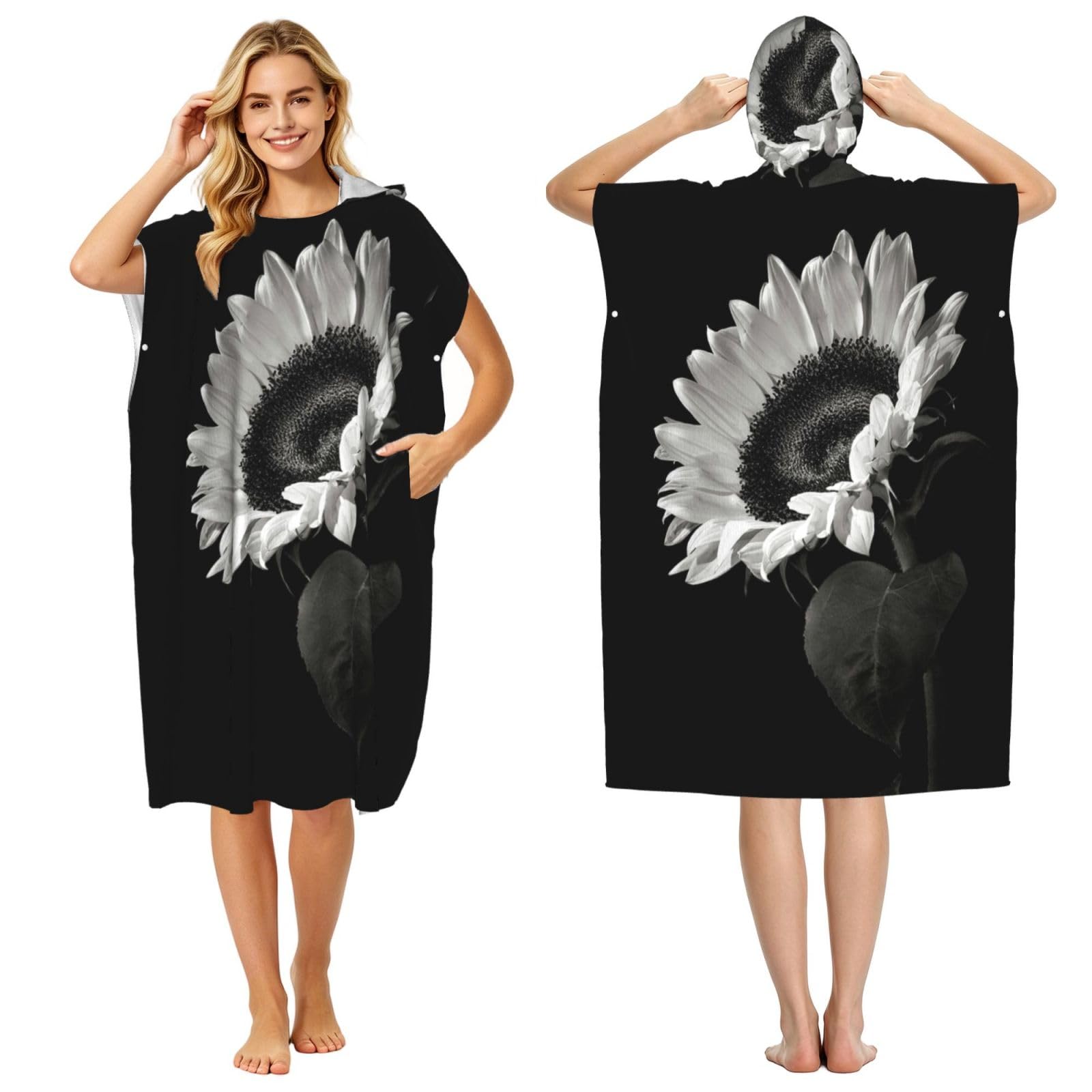 Peignoir à capuche séchage rapide et léger avec motif tournesol gris