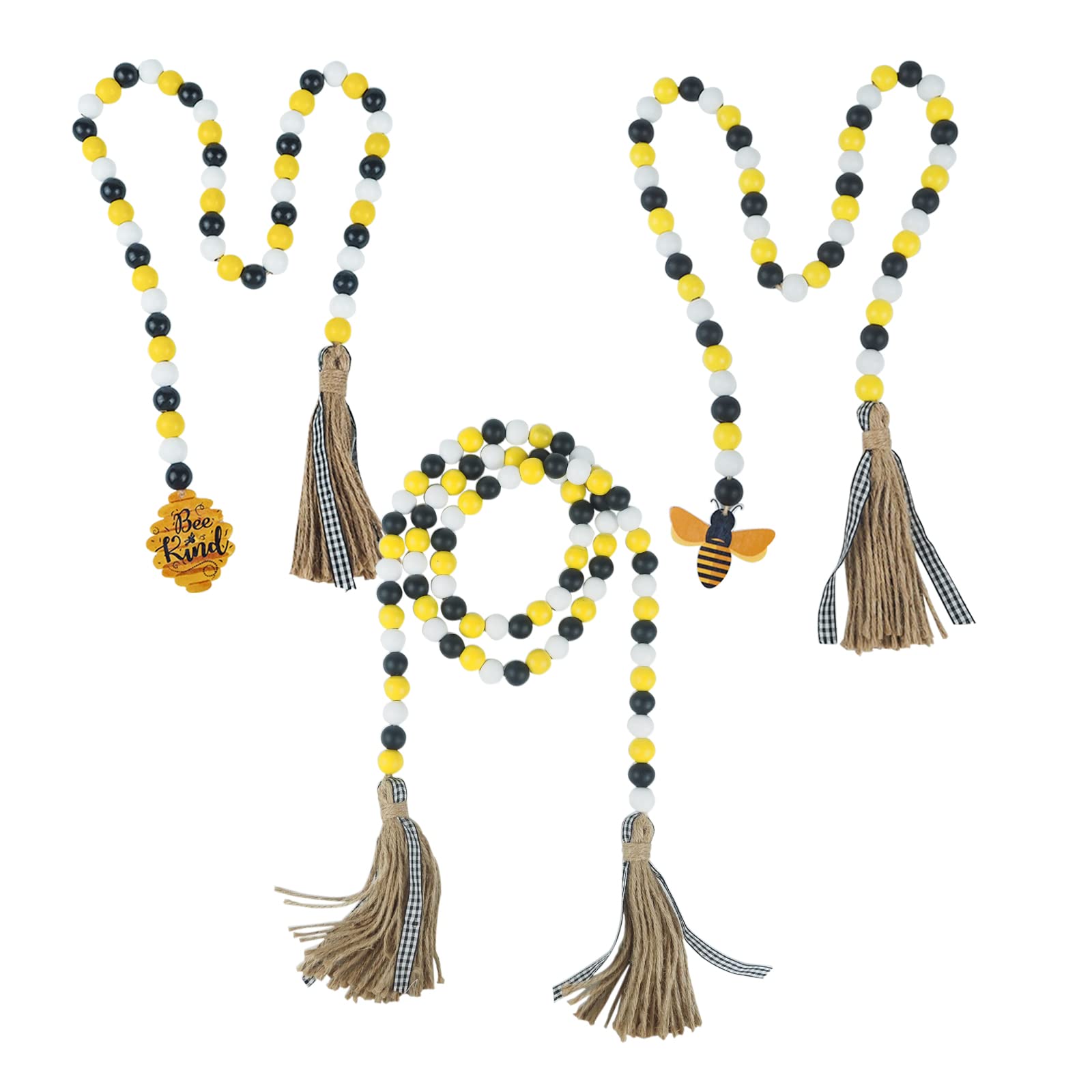 3 Pieces Bee Wooden Beads Decoration，Bee Wood Bead Garland with Tassels, Honeycomb Wood Bead Spring Summer Wooden Bead Garland Rustic Farmhouse Home Decorations for Tiered Tray Shelf Displays