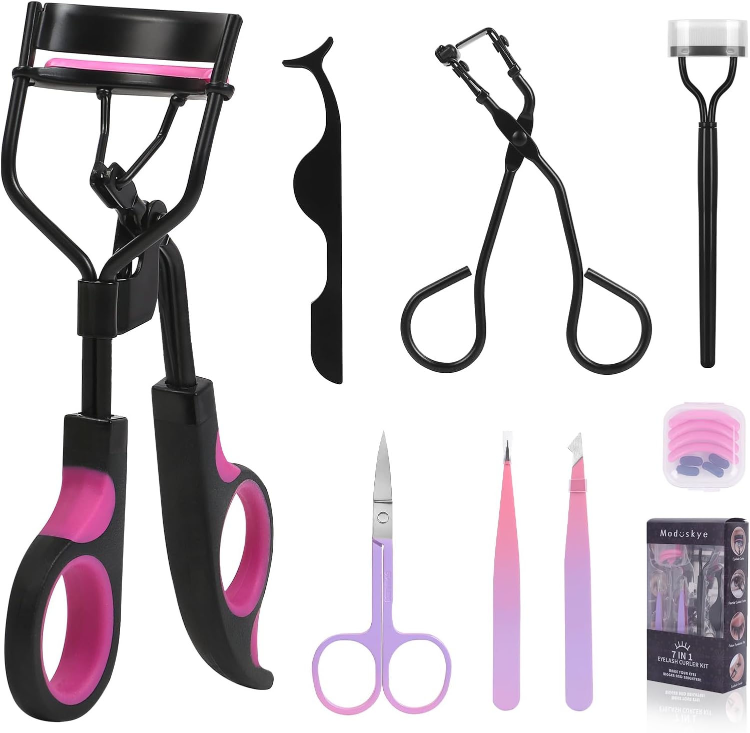 Eyelash Curler Set, Moduskye 7 in 1 Eyelashes Curler with 4 Extra Replacement Refill Pads, Partial Lash Curler Eyes Makeup Tools Long-Lasting Natural Lashes