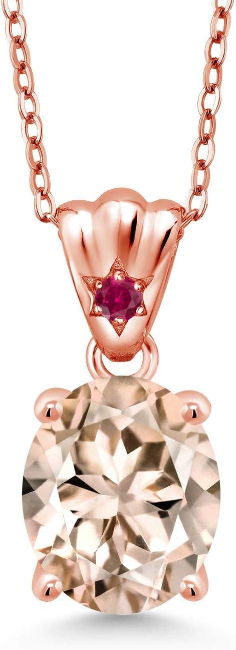 Gem Stone King 3.25 Ct Peach Morganite Red Created Ruby 18K Rose Gold Plated Silver Pendant