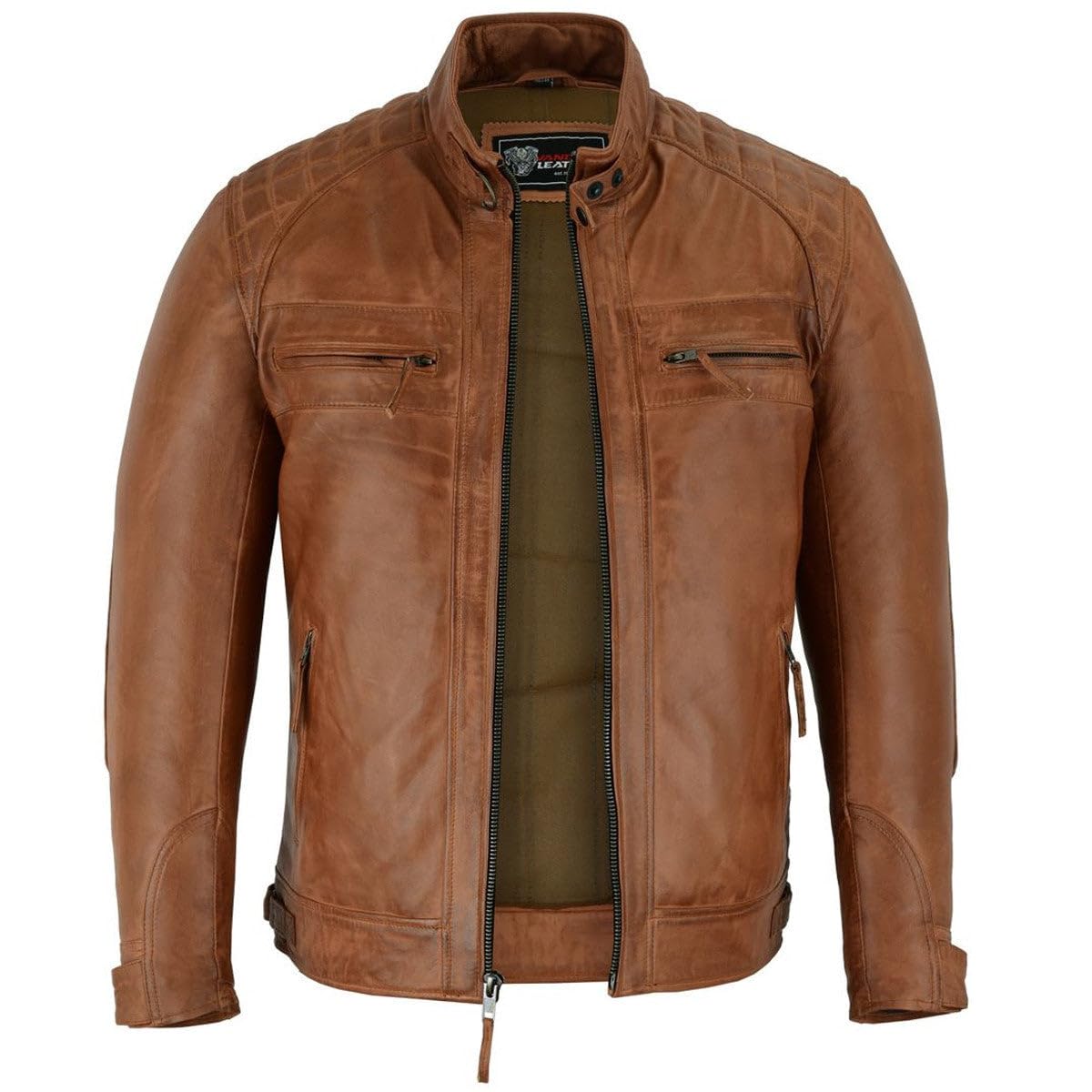 Vance Leather Mens Cafe Racer Waxed Lambskin Austin Brown Motorcycle Leather Jacket