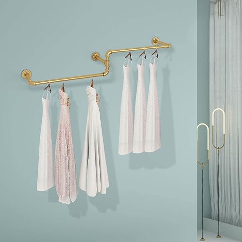 Miniatura 3 de Estante de ropa industrial de 71 pulgadas montado en la pared con sistema de estantes colgantes, estante de ropa dorado para boutique, exhibición al