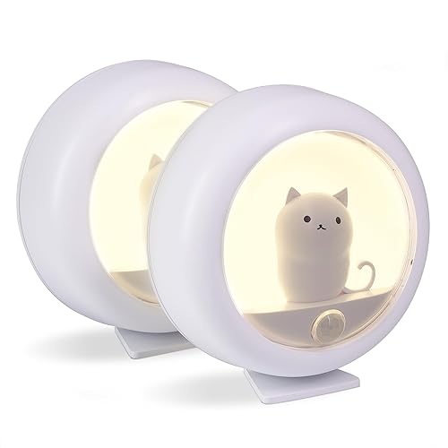Attivolife Cat Motion Sensor Night Light, Cute Cat Magnetic LED Rechargeable Lamp with Dimmable, Portable Room Bedroom Bathroom Kitchen Wardrobe Stair Locker Wall Decor Lamp for Kid Teen(White x 2) - CatW (2-Piece)