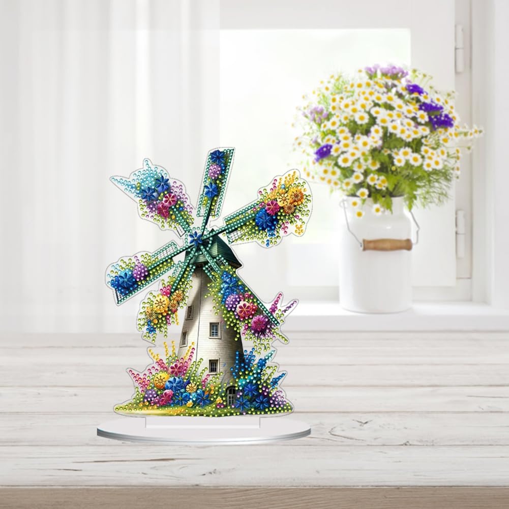 Awesocrafts Diamond Art Table Top Ornaments Color Windmill, 5D Diamond Painting Tabletop Decorations Special Shape Crystal Art Christmas Desktop Decor (Color Windmill)