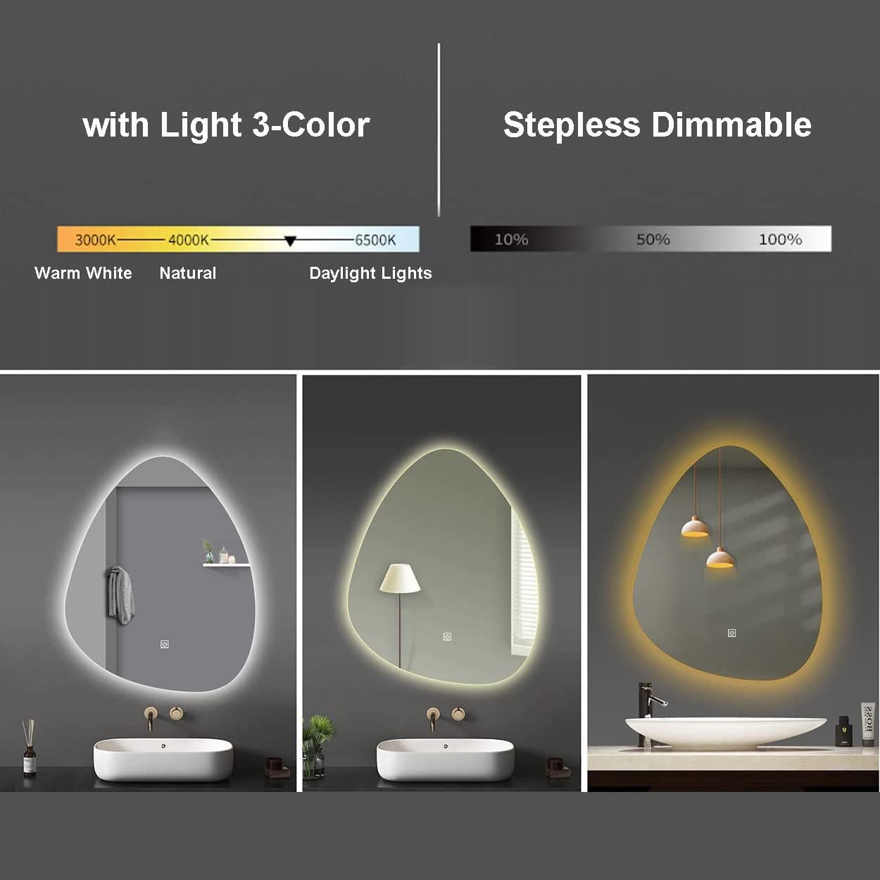 Irregular-Shape LED Bathroom Mirror with Lights Vanity Mirror with Touch Lights Wall Mounted Mirror for 3Colors Dimmable Anti-Fog Memory Light up Mirror Lighted Makeup Wall Mirror,32"x36"/70x90cm