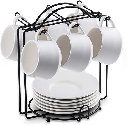 YHOSSEUN Tazas de café expreso con platillos y soporte de metal, juego de 6 tazas de capuchino de 4 onzas, taza de té para fiesta de té, color blanco