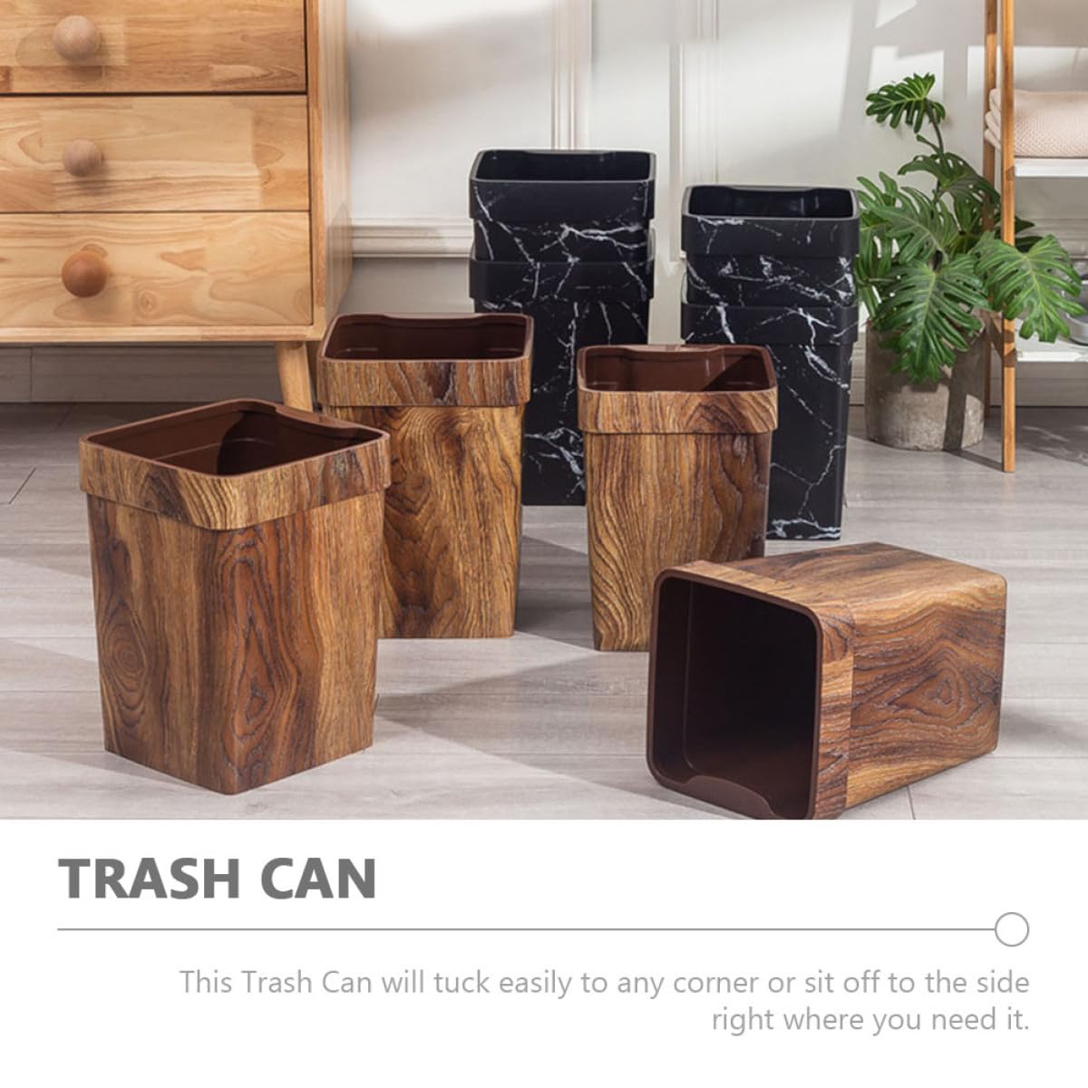 SEWACC Mülleimer Kunststoff Abfalleimer mit Holzmaserung Design Leicht zu Reinigen Stabiler Müllbehälter für Badezimmer Schlafzimmer Küche Stilvoller Papierkorb ohne Deckel Praktischer