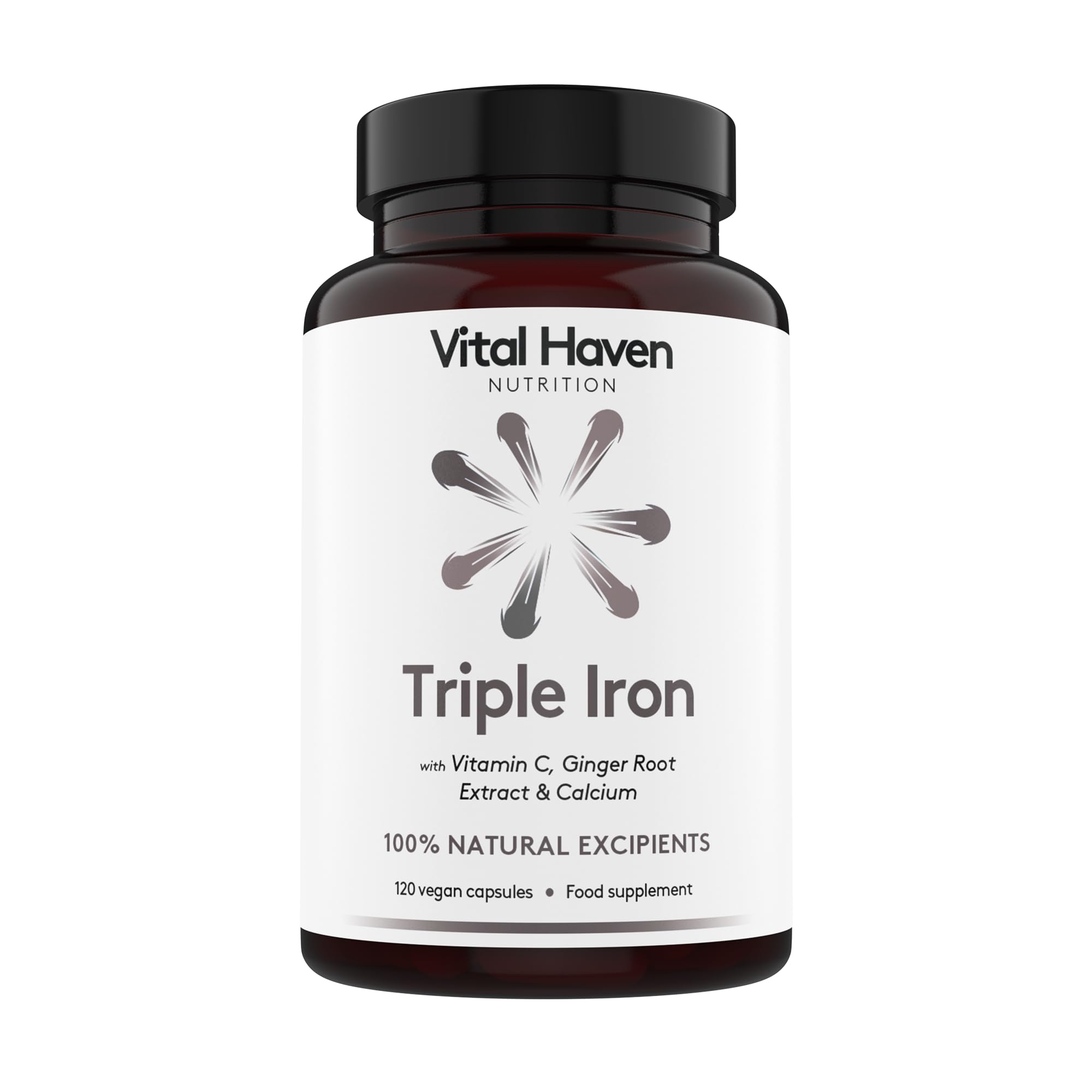 Vital Haven Iron Supplement - Ferrous Glycinate + Citrate + Gluconate and Non-Acid VIT C with Ginger - UK Made