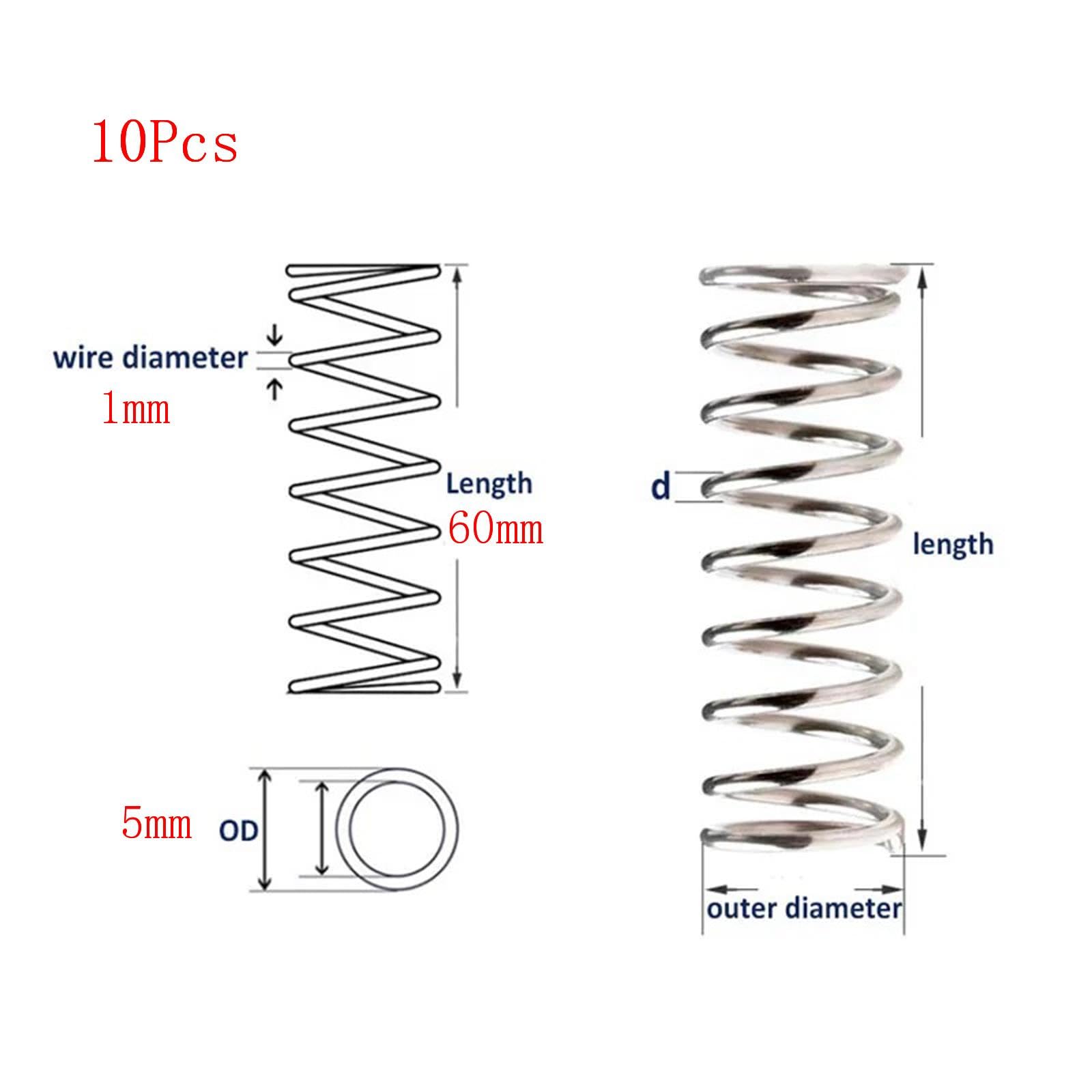 Druckfeder, Edelstahl, 1 mm x 5 mm x 60 mm, 1 mm Draht Durchmesser, 5 mm OD, 60 mm freie Länge, 10 Stück