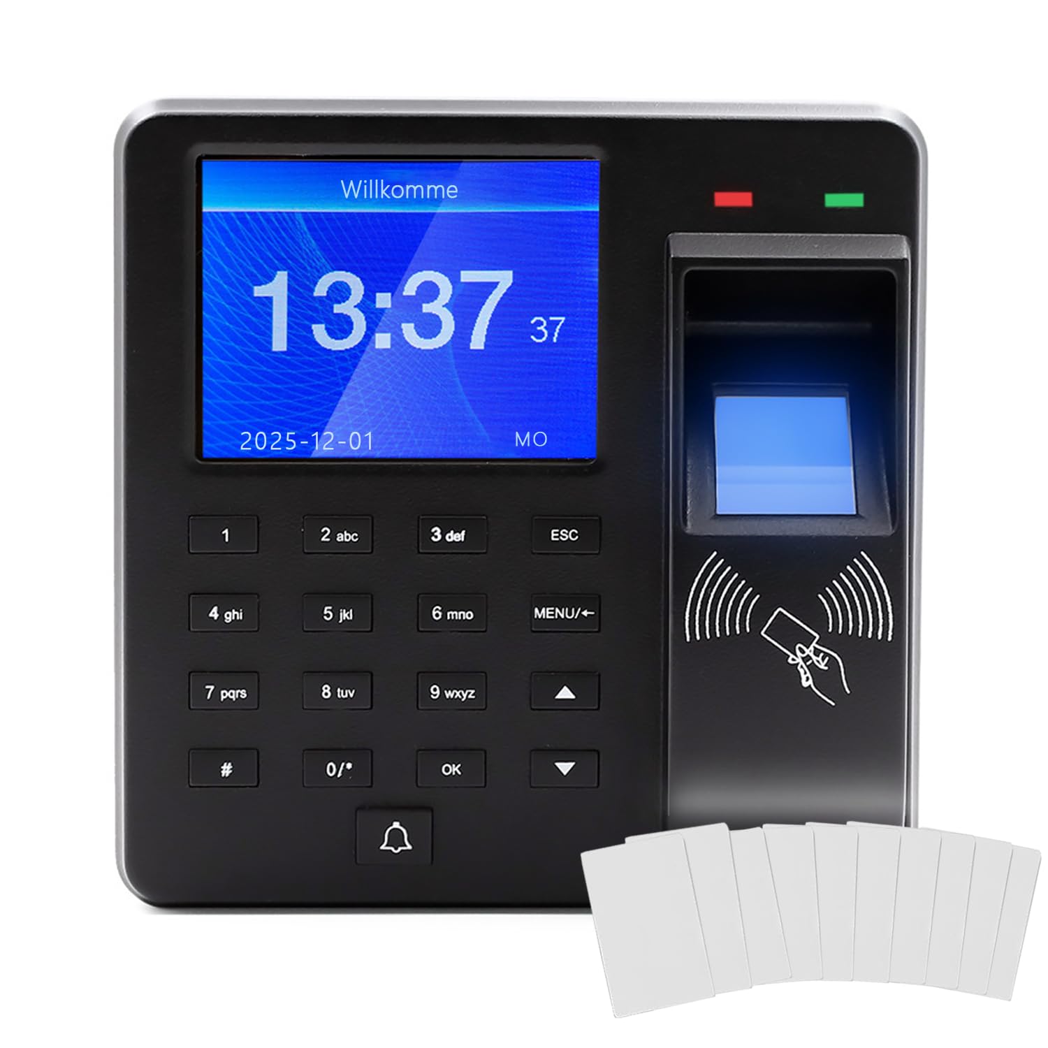 Sistema di rilevamento del tempo per piccole imprese, dispositivo di rilevamento del tempo 3-in-1 con impronta digitale, password e lettore di carte, capacità impronte digitali 1000, sistema di