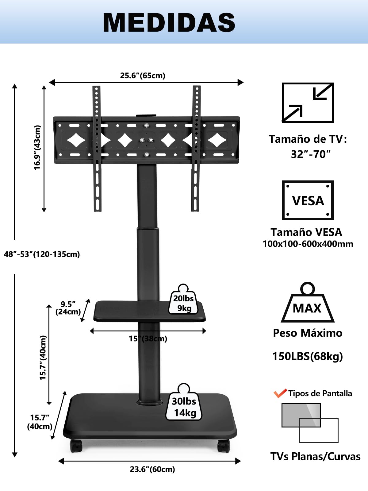 Soporte para TV móvil de 32 a 70 Pulgadas, Pantalla Plana LED/LCD/OLED, Ajustable en Altura, Soporte para TV portátil con Ruedas hasta 100 kg, para Dormitorio y Exteriores
