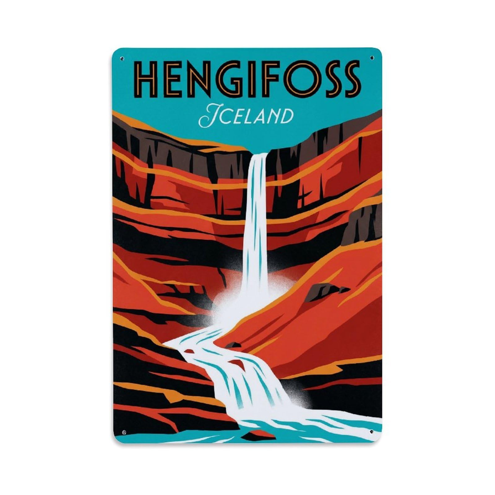 Gead 8X12inch Style Vintage Travel Hengifoss Iceland Waterfall Metal Tin Sign
