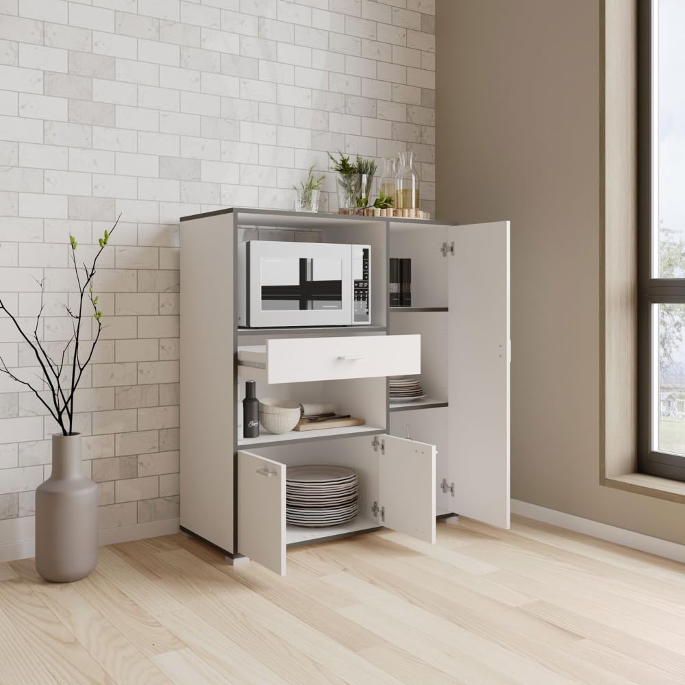 Befara Armadio Cucina AUSILIARIO BELHO, Bianco, Armadio ausiliario da Cucina. Spazio per microonde. 3 Porte, cassetto e scaffali. Mobile dispensa - Credenza.