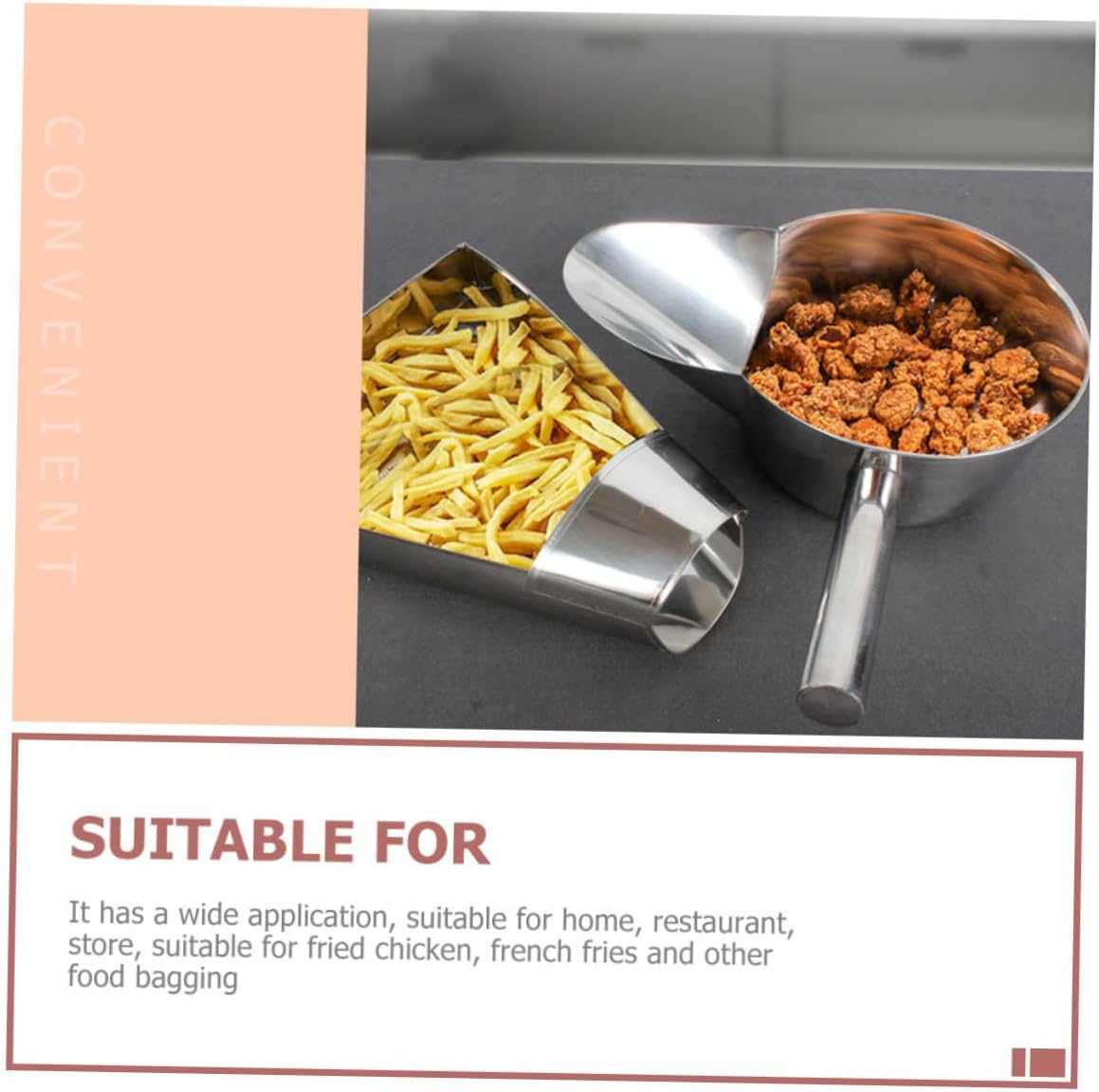 Zerodeko 2pcs Stainless Steel Food Scoop Shovel Versatile Kitchen Gadget for French Fries Fried Chicken More Capacity Smooth Handle for Home Commercial Use
