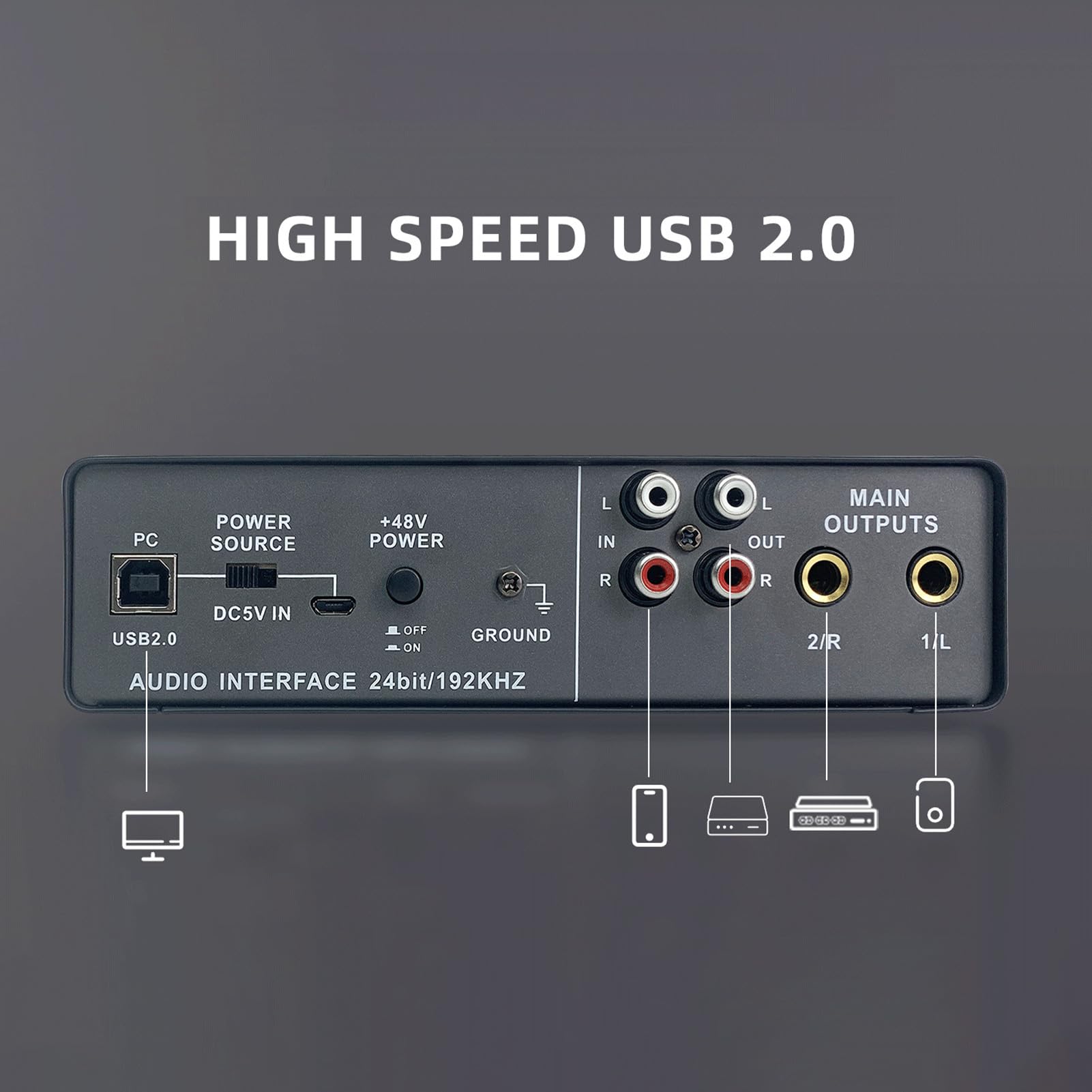 Interfaz de audio USB para grabación Tarjeta de sonido profesional con alimentación fantasma de 48 V LoopBack Tarjeta de sonido externa USB Plug and Play Monitoreo de latencia 0 para conciertos