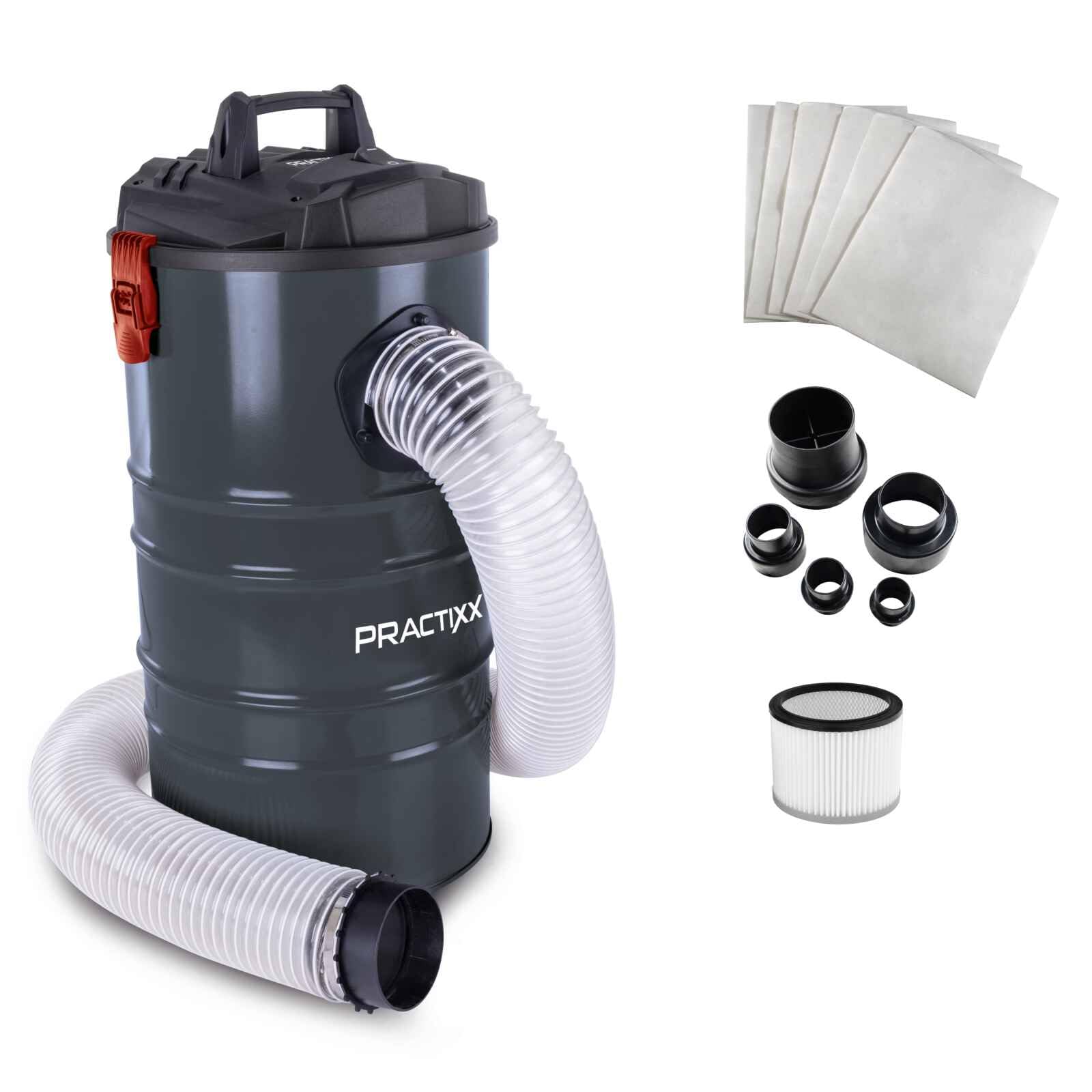 Practixx Système d'aspiration PX-AS-100 | 1200 W avec Accessoires | Puissance : 215 m³/h | Capacité : 65L | Réservoir en métal | Tuyau de 2 m de diamètre : 100mm