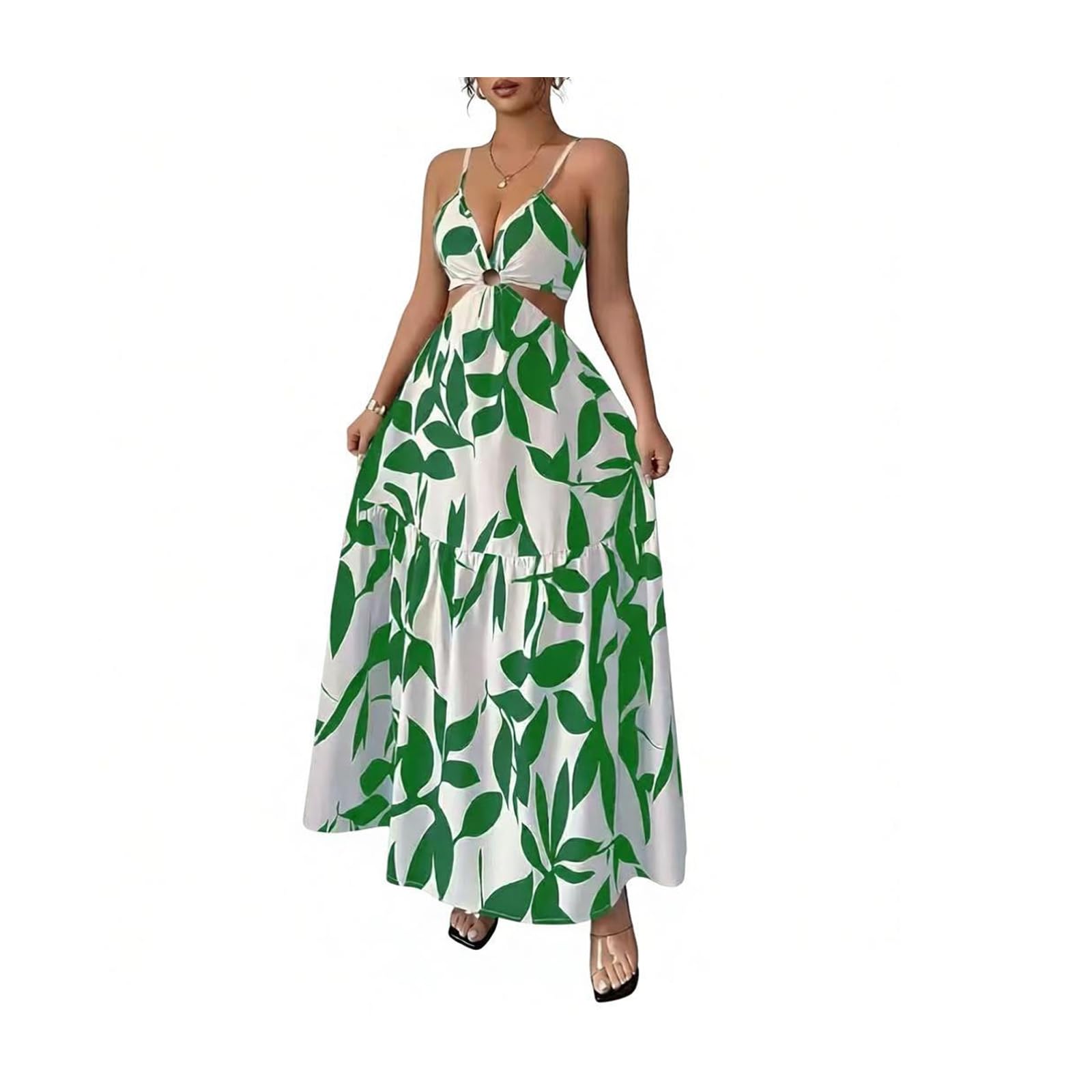 Vestido Largo De Verano para Mujer Vestido Floral de Tirantes Finos Cuello En V Espalda Descubierta diseño Calado Vestido de Vacaciones,Green and White,M