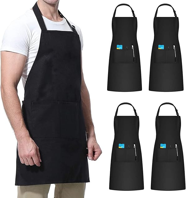 4 Pack Black Chef Apron, Men & Women Apron with 2 Pockets, Professional Apron for Catering Cleaning Dishwashing Restaurant