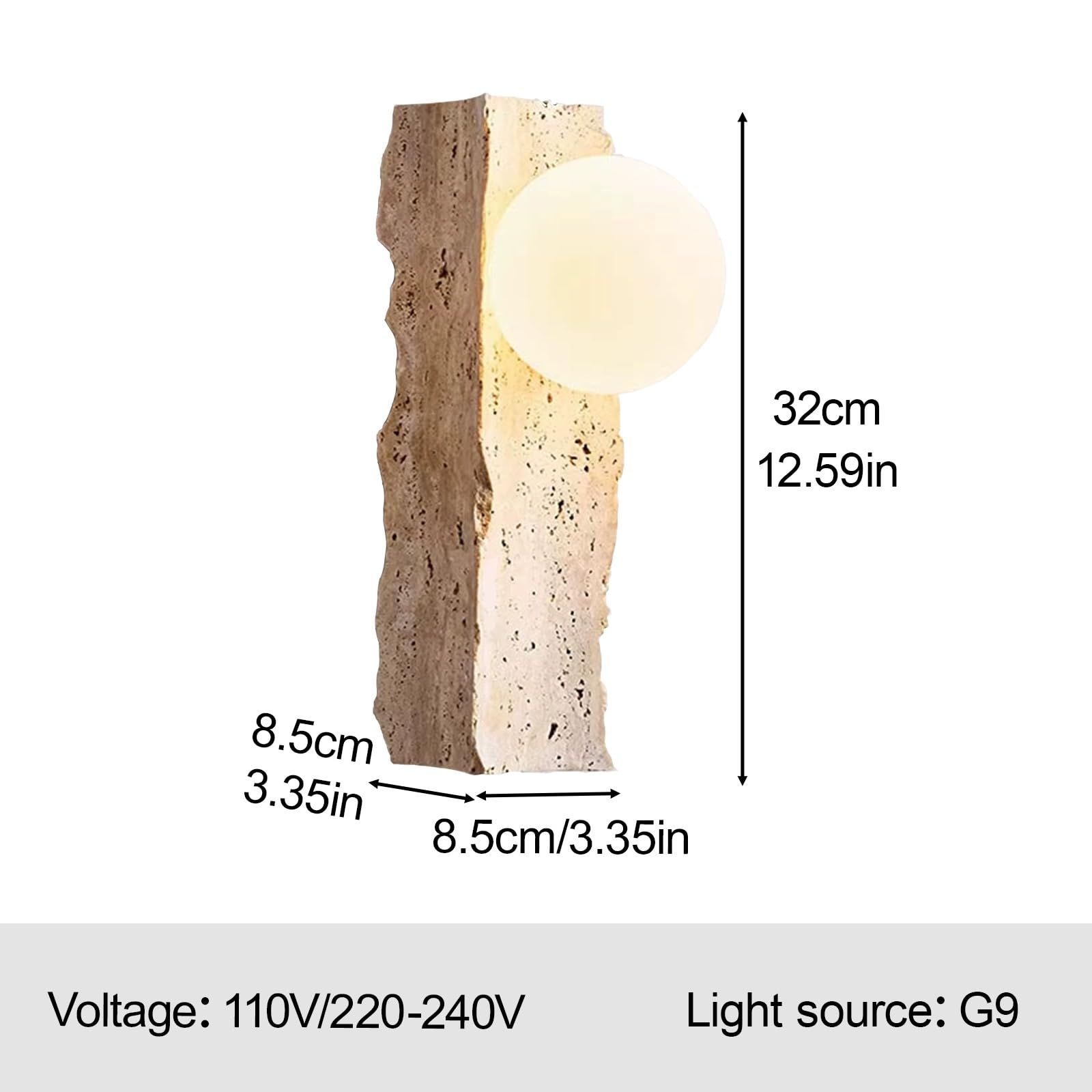 Aplique de pared de travertino moderno, lámpara de pared cableada | Lámpara de pared de piedra de cueva amarilla con pantalla de cristal globo, luz de pared Wabi Sabi de estilo japonés