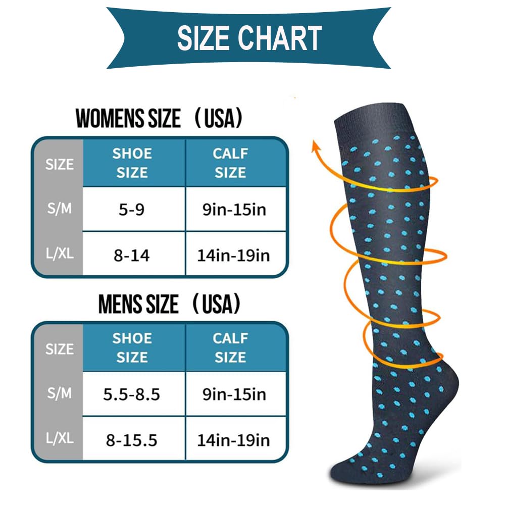 Lot de 6 paires de chaussettes de compression pour homme et femme - Chaussettes de contention colorées pour le sport, la course, les voyages, le cyclisme