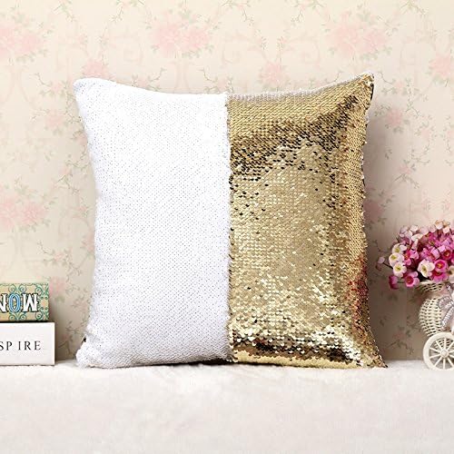 Hidoon DIY Two Tone Glitter Sequins Throw Pillow Covers Magical Color Changing Euro Pillowcase Home Decor Sequin Pillow Cases 16x16 Inch - White and Gold