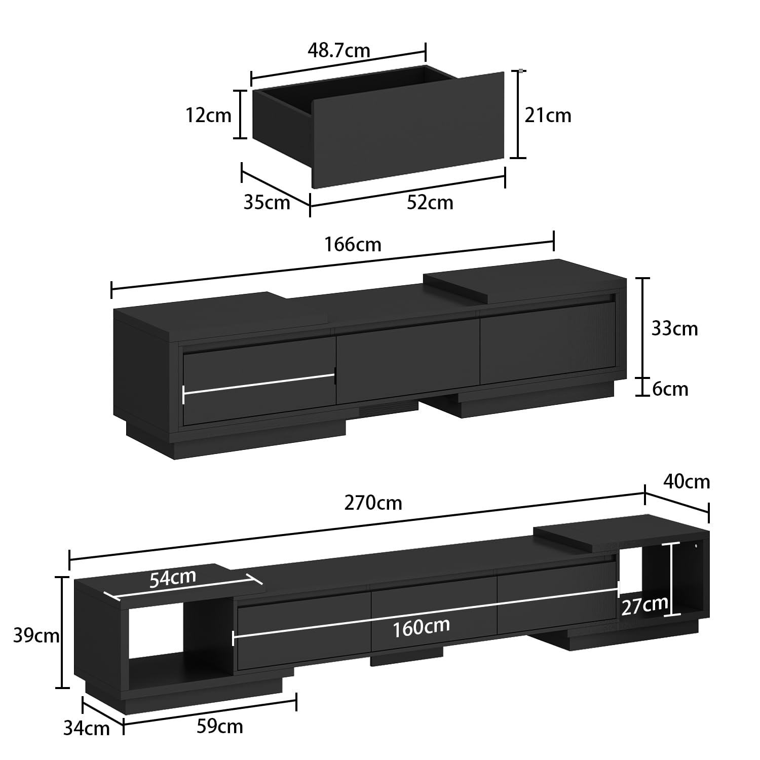 Caldion Verstellbares TV Schrank,160-270 cm Breit,Lowboard für Fernseher,Fernsehtisch mit 3 Schubladen,Tv Board,Tv Tisch,TV Bank,für Wohnzimmer Schlafzimmer,Schwarz,270x40x39cm
