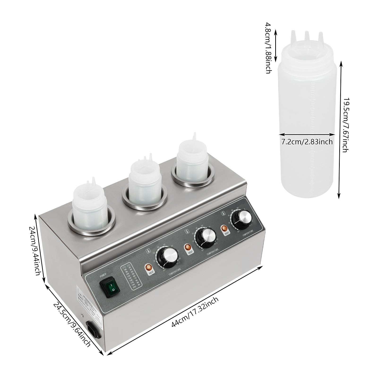 Scaldavivande elettrico da 300 W, in acciaio inox, con 3 bottiglie da 680 ml | Scaldavivande per salse con temperatura regolabile, per caffetterie, ristoranti, negozi di torte, caffetterie