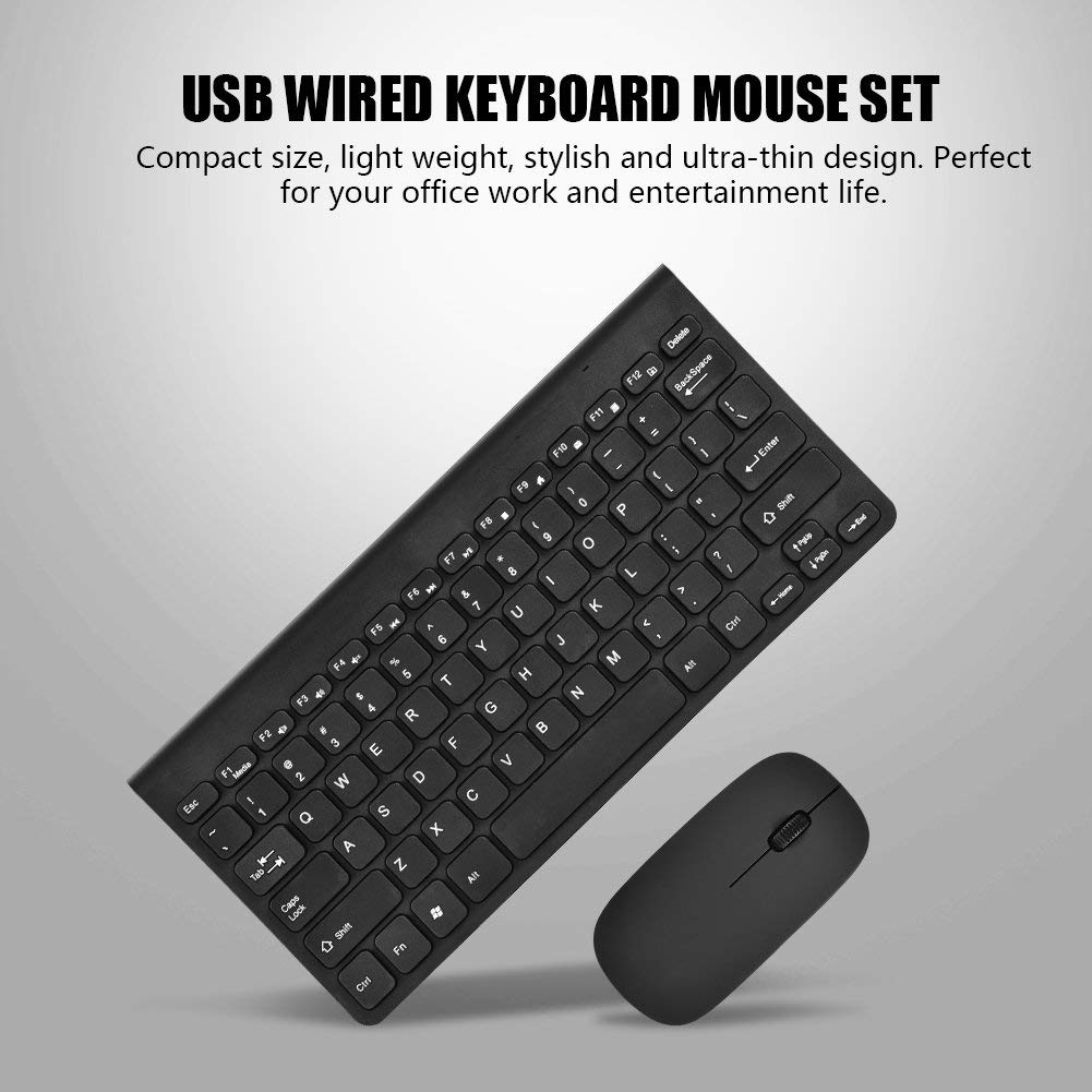 Keyboard Mouse Portable Lightweight Design USB Wired Keyboard Mouse Set 1.3 Meter Cable Round keycaps Wired Keyboard and Mini Wired Mouse (Black)