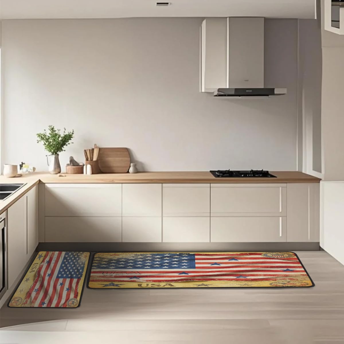 Anti Fatigue Retro USA Flag Kitchen Mats for Floor 2 Piece Set, Waterproof Non Slip Boho Kitchen Floor Rugs, Comfort Standing Mat for Sink Laundry & Home Kitchen 17"x47"+17"x29"
