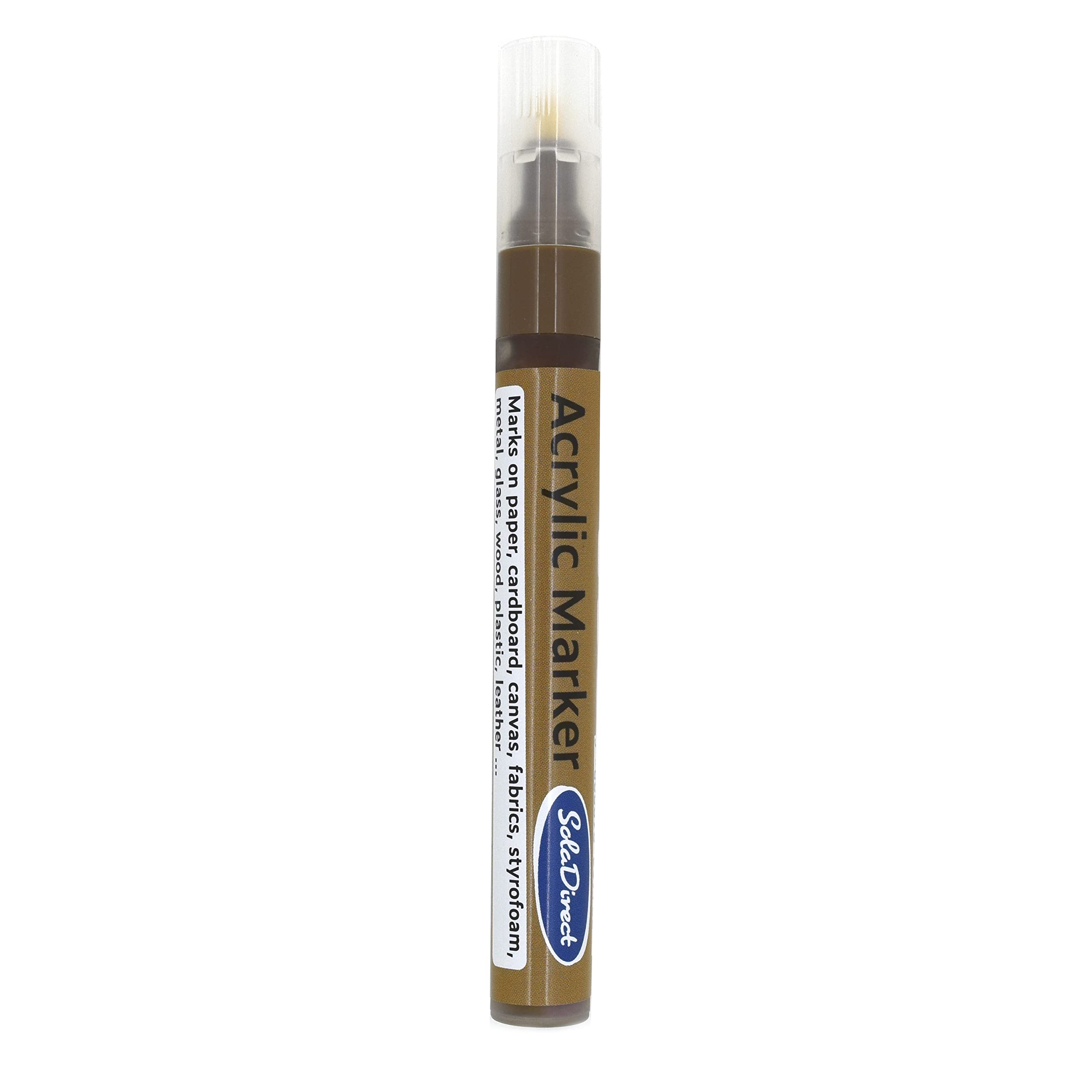 SolaDirect Brown Permanent Marker Pen, Bullet Tip 2.5 mm Point, Acrylic Paint Based, Multi-Surface, Work on Stone, Wood, Leather, Fabric, Plastic, Rubber, Glass, Cardboard