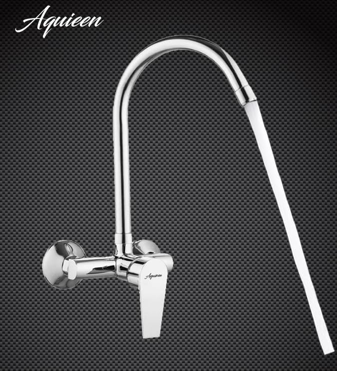 Image of Aquieen Wall Mounted Single Lever Sink Mixer with Provision for Hot & Cold Water with 360 Degree Rotating Hi-Neck Spout, Connecting Legs & Wall Flanges (Aura)