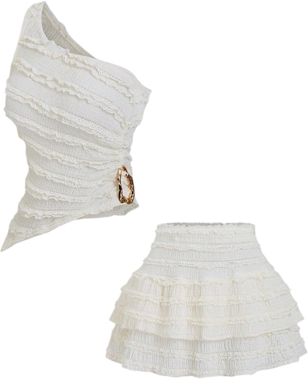 SOLY HUX Women's 2 Piece Skirt Sets Y2k One Shoulder Tank Tops and Ruffle Layered Mini Skirt Summer Vacation Outfits