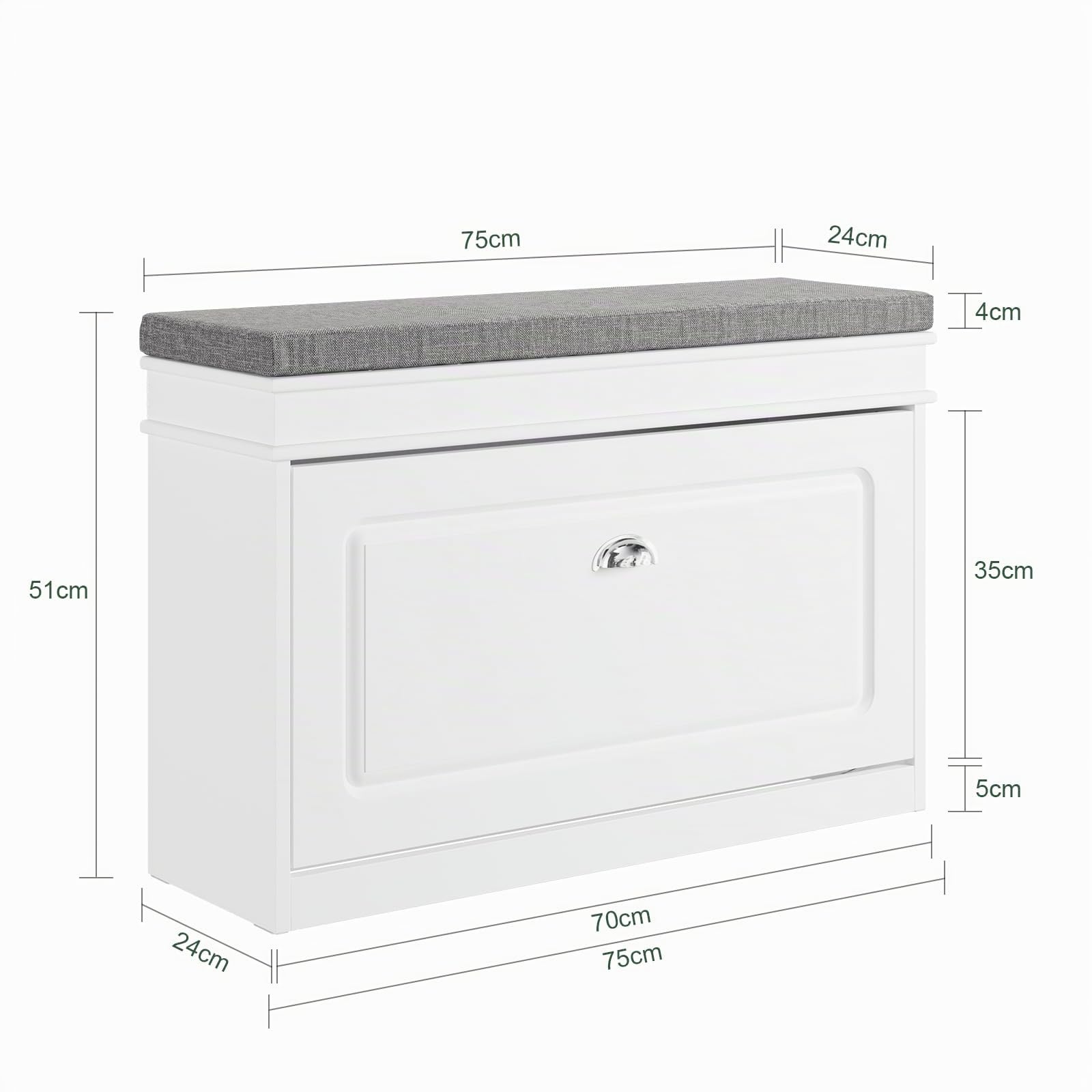 SoBuy Schuhbank mit Sitzfläche Schuhschrank mit Sitzbank Schuhschrank mit Klappe, Schuhregal schmal Schuhbank mit Stauraum für Flur, Wohnzimmer, Schlafzimmer, bis 150 kg, Weiß 75x51x24cm, FSR82-L-W