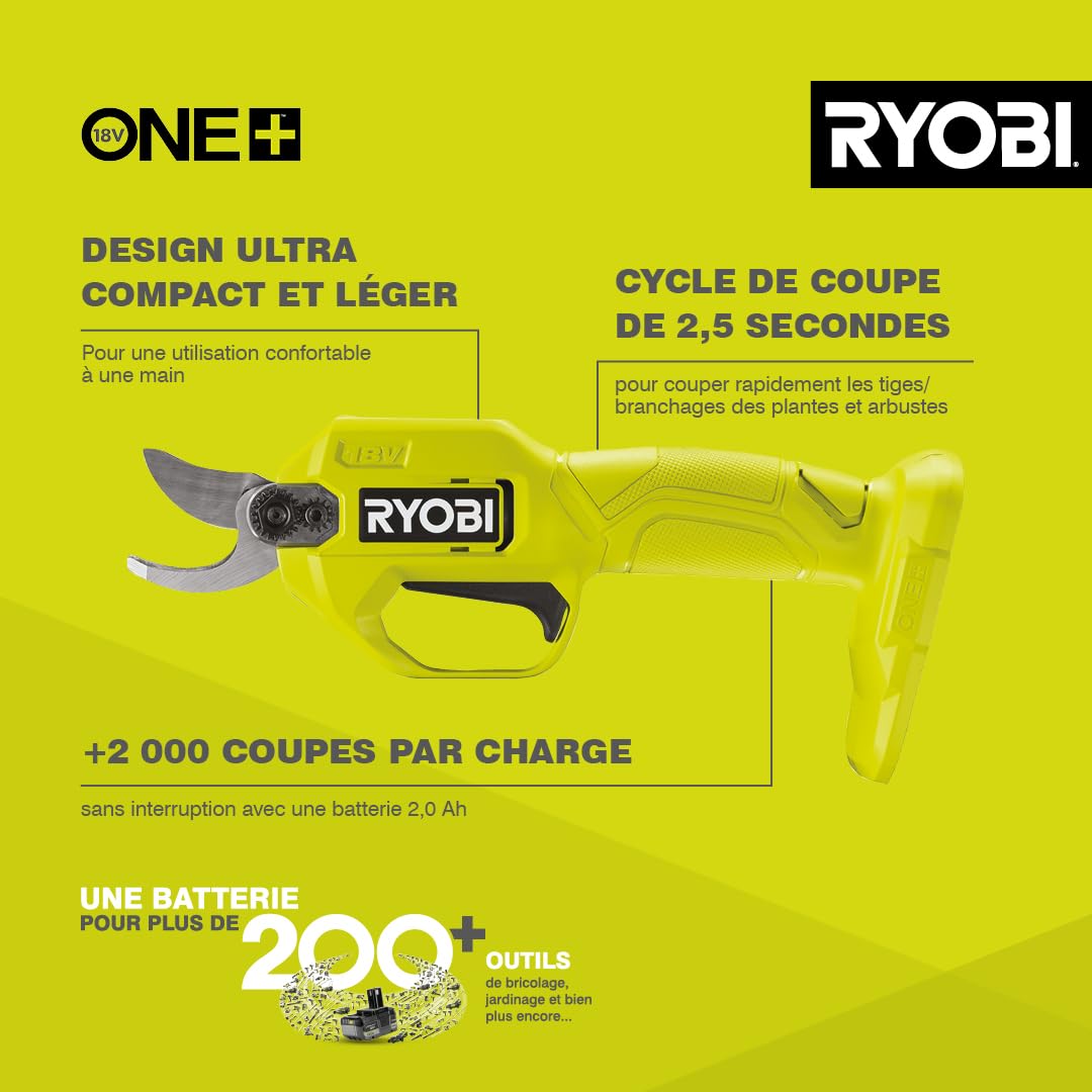 RYOBI - Sécateur Sans Fil 18V ONE+ RY18SCA-0 – Coupe Jusqu’à 25 mm, Lame Acier, Sécurité Active – Taille Facile Branches et Rosiers – Batterie Non Incluse