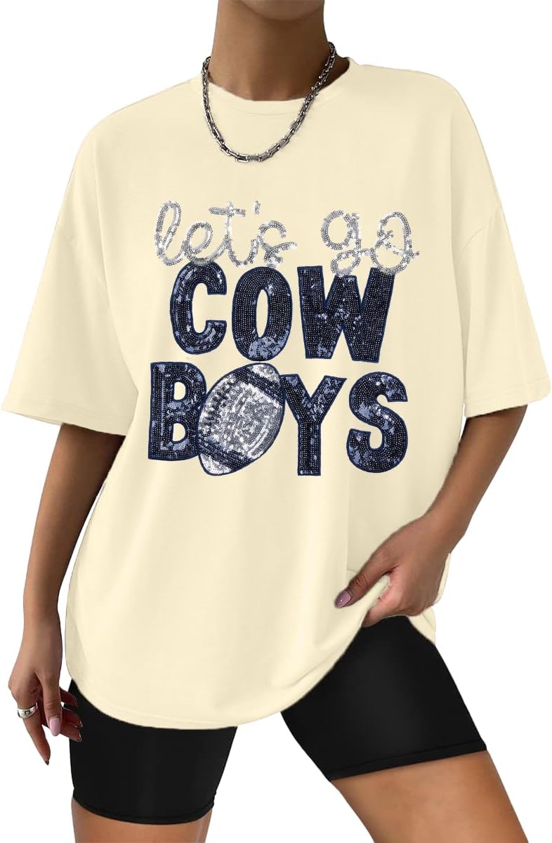 Womens Football Sequin Embroidery Shirts Oversized Vintage Game Day Tshirt Casual Football Season Short Sleeve Tops - Image 3