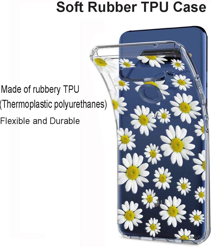 Unov Case Compatible with LG V40 ThinQ Case Clear with Design Soft TPU Shock Absorption Slim Embossed Pattern Protective (White Daisy)