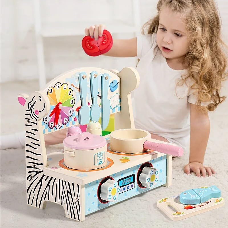 BLiSS HUES Wooden Toy Kitchen Set for Kids- Pretend Play Food Cooking Utensils Accessories Set, Montessori Toys for Toddlers Kitchen Playset with Pot Pan Spice Jar Gas Stoves Cooking Bench (B0CQRC3PR2) Amazon Price History, Amazon Price Tracker