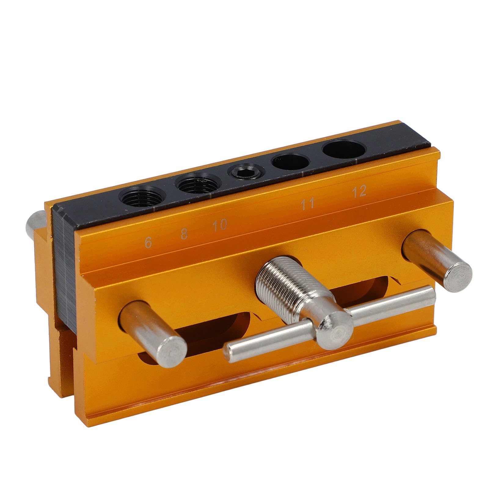 lvifloae Self Centering Dowel Jig Kit Drilling Jig for Woodworking Metric Adjustable Width Drill Guide with 6 Straight Hole Bushings Gold Color (Gold)