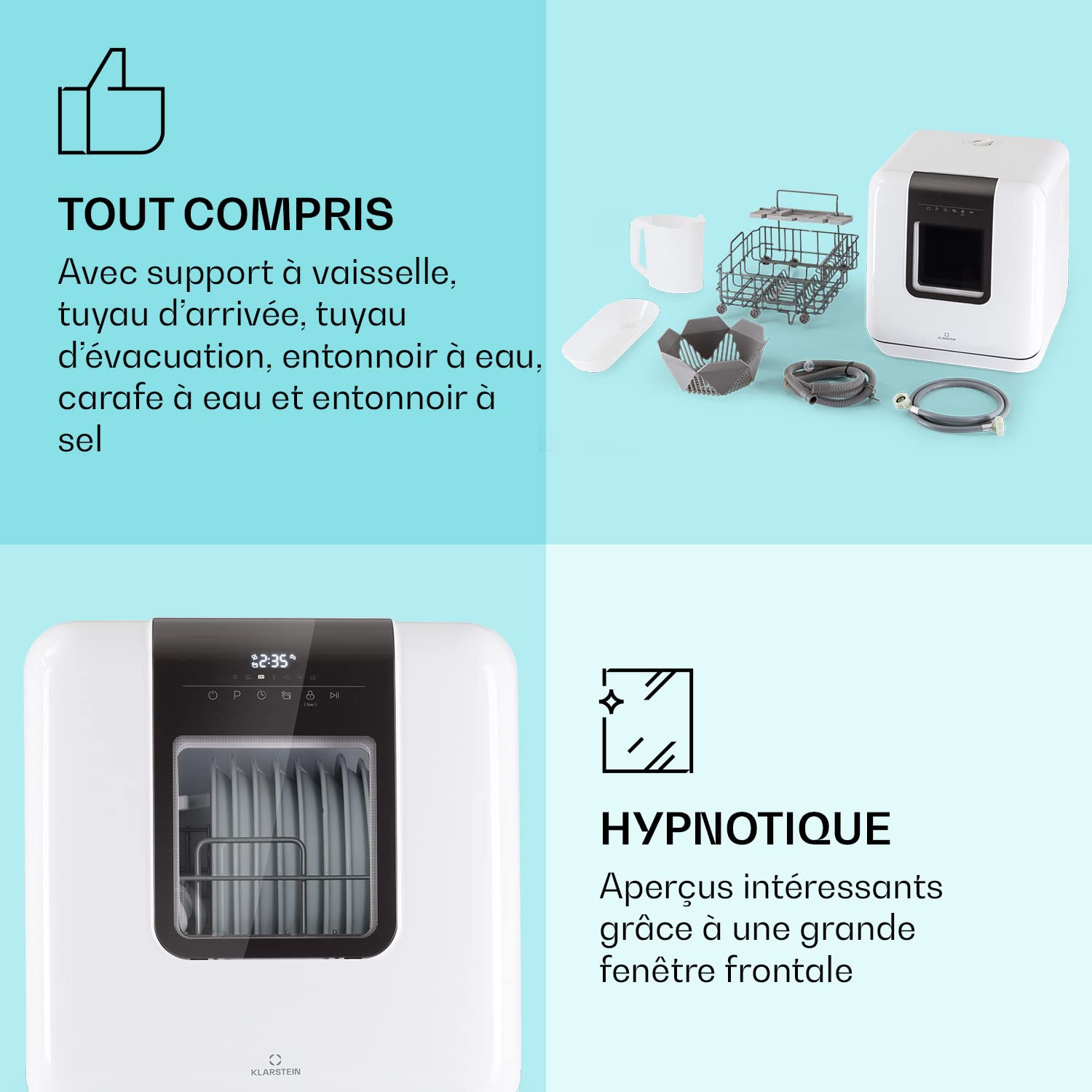Klarstein Mini Lave-Vaisselle 3 Couverts, 7 Programmes, Silencieux, Compact de Table Portable