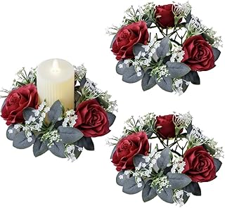 2 Pcs Artificial Rose Candle Rings Holder,Christmas Floral Wreaths with Eucalyptus Leaves Greenery Candle Rings for Pillar Candle Lantern Wedding Centerpiece Party Home Table Decor (Red)